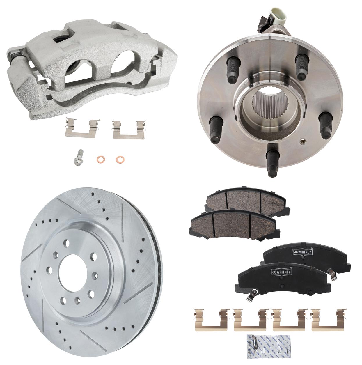 AM IMPALA 12-13 IMPALA LIMITED 14-16 FRONT BRAKE KIT WITH CALIPERS 2 Wheel Set Includes 2 Brake Caliper 2 Brake Disc 1 Brake Pad Set and 2 Wheel Hub Cross drilled and Slotted 5 Lugs Ceram SKU KIT 042125-89 OEM 41217-55124-60421-580387-90038