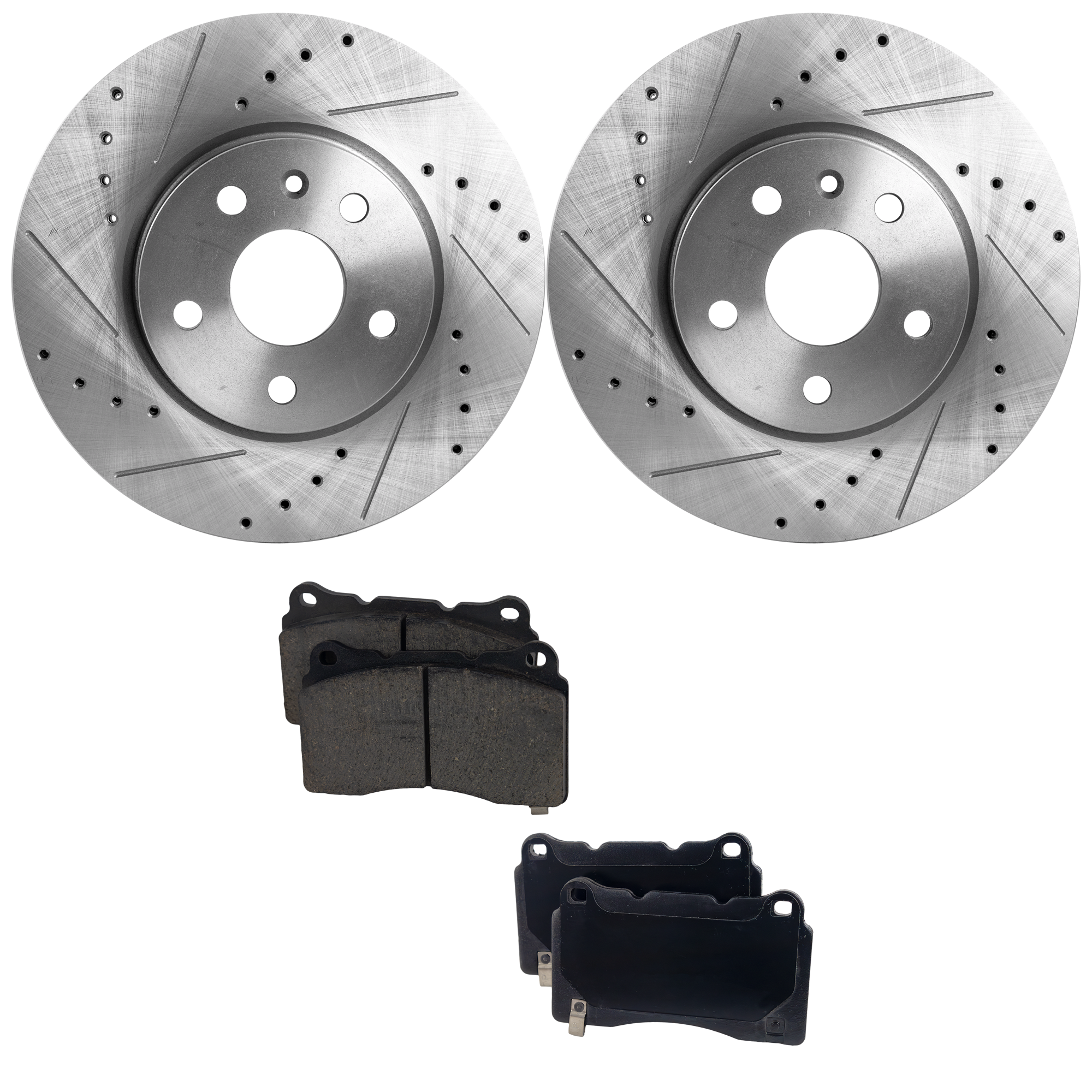AM REGAL 14-17 FRONT BRAKE DISC AND PAD KIT 4 pc kit Cross drilled and Slotted Ceramic SKU KIT 042523-03 OEM 41260-55174-493112-850160-8862
