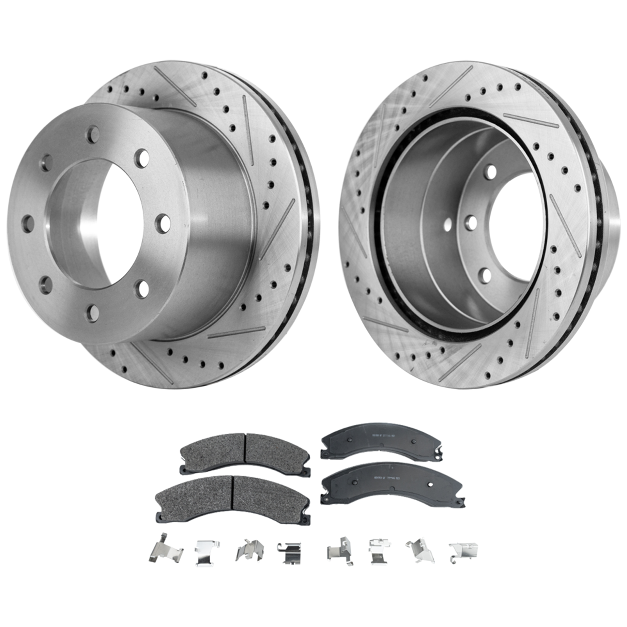AM SIERRA 3500 HD SILVERADO 3500 HD 11-19 REAR BRAKE DISC AND PAD KIT 4 pc kit DRW Cross drilled and Slotted 8 Lugs Cast Iron Semi Metallic SKU KIT 042523-06 OEM 41270-55194-850229-901030-1216