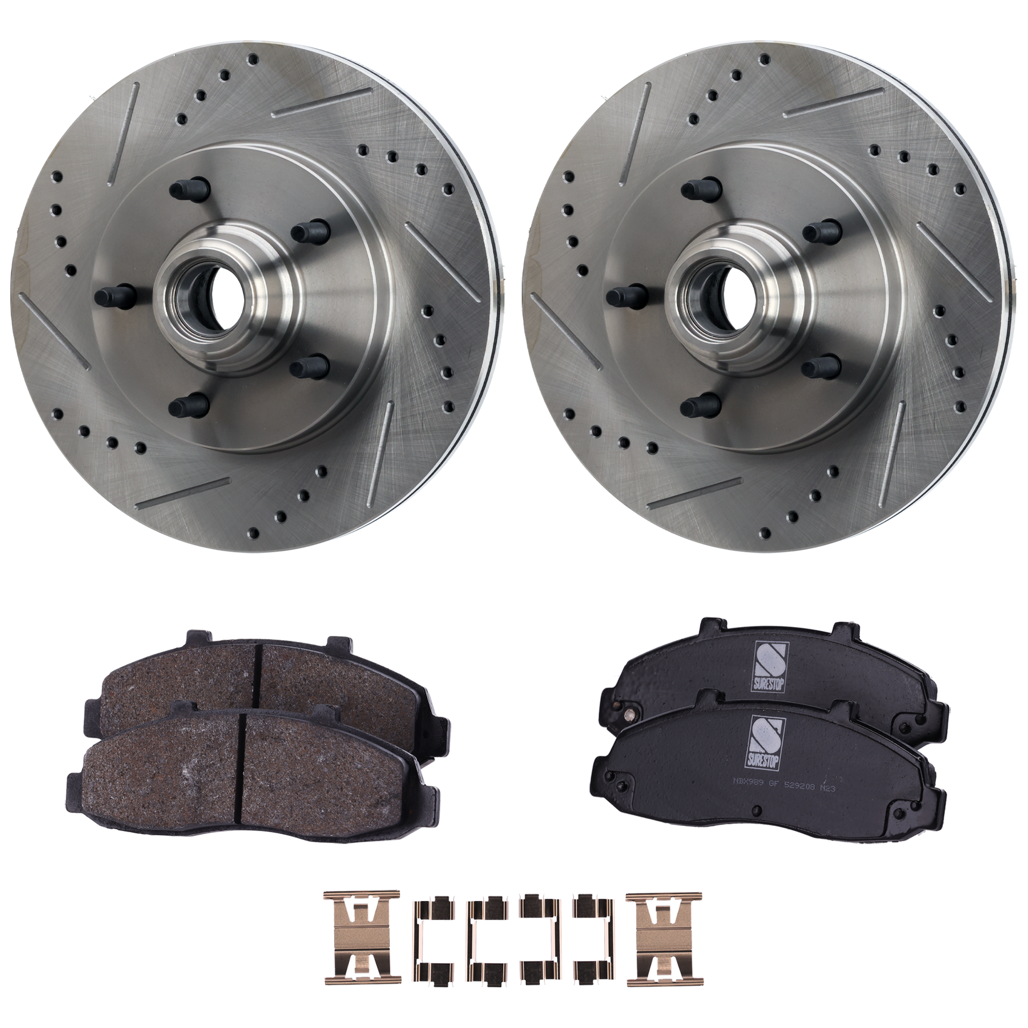 AM F 150-97-99 FRONT BRAKE DISC AND PAD KIT 4 pc kit Cross drilled and Slotted 5 Lugs Cast Iron Semi Metallic SKU KIT 042523-08 OEM 27076-54040-54069-60605-65970
