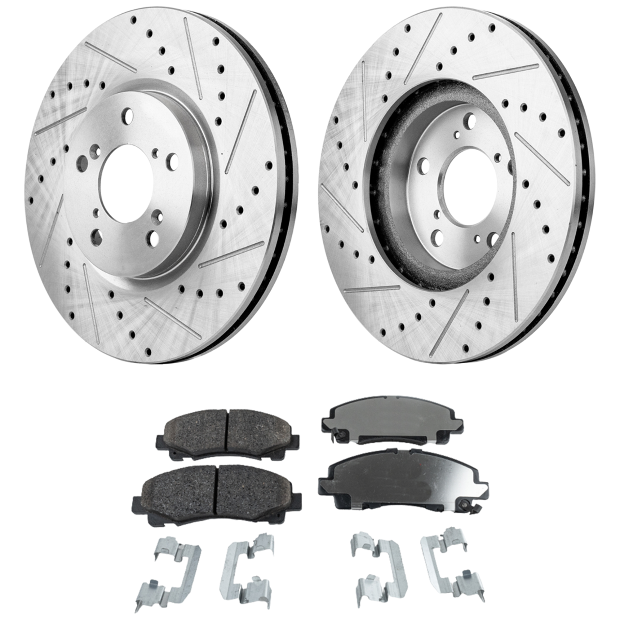 AM RIDGELINE 06-11 FRONT BRAKE DISC AND PAD KIT 4 pc kit Cross drilled and Slotted 5 Lugs Ceramic SKU KIT 042523-09 OEM 31402-44311-0833017-900392-600