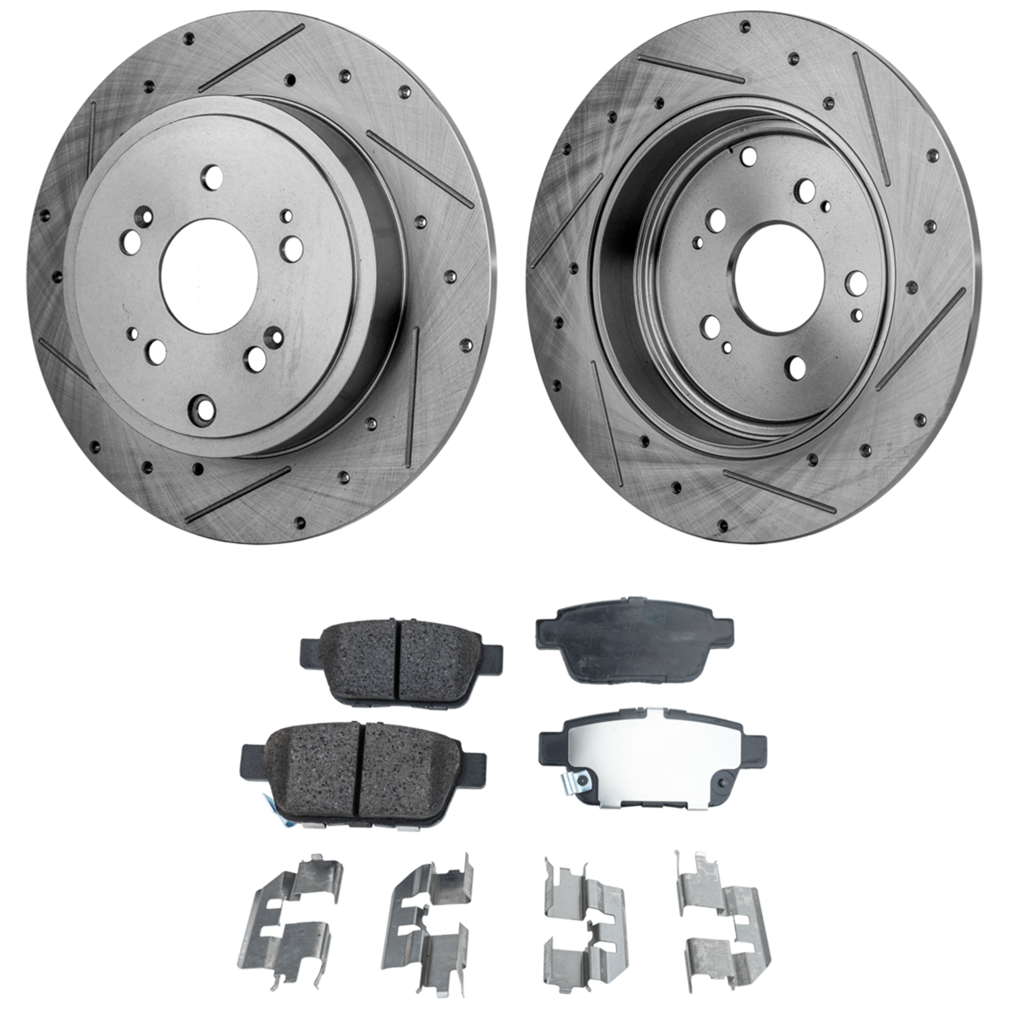 AM RIDGELINE 06-14 REAR BRAKE DISC AND PAD KIT 4 pc kit Cross drilled and Slotted 5 Lugs Ceramic SKU KIT 042523-11 OEM 31398-44318-60418-900394-60059