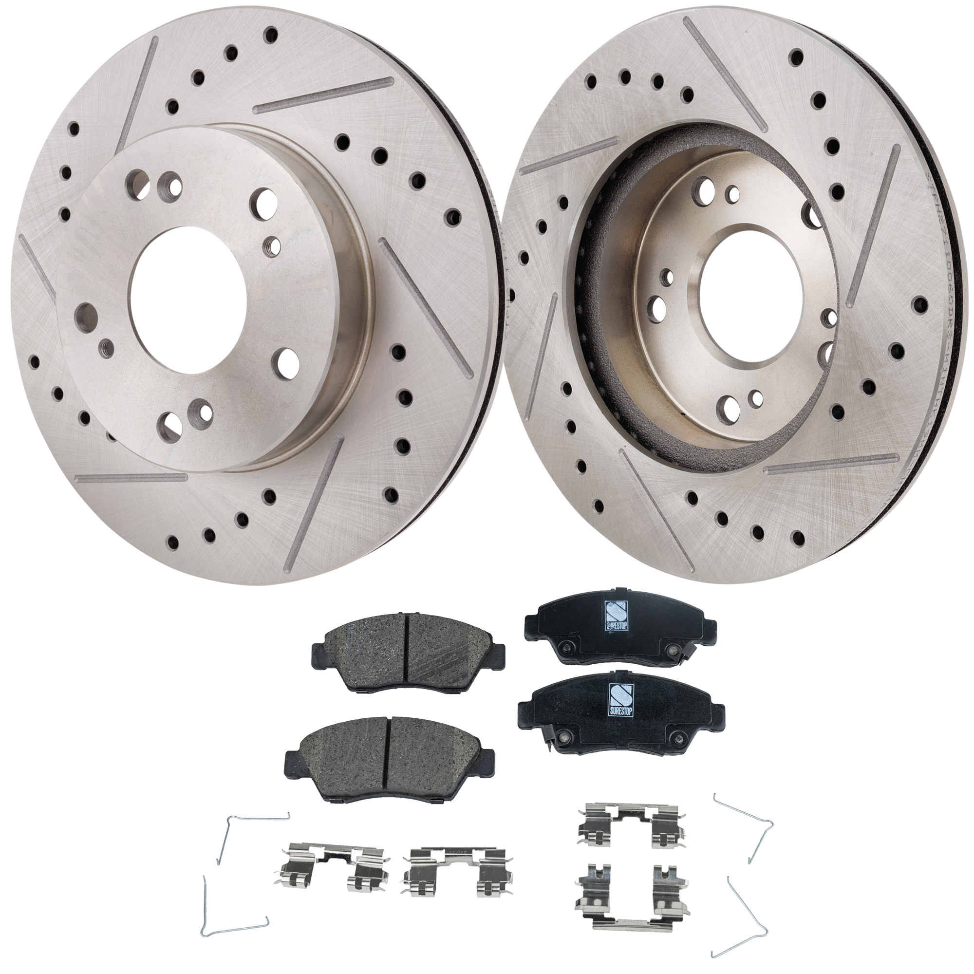AM CIVIC 05-11 FRONT BRAKE DISC AND PAD KIT 2 Wheel Set Cross drilled and Slotted Ceramic SKU KIT 042523-12 OEM 31311-145397-0832911-0832912-9