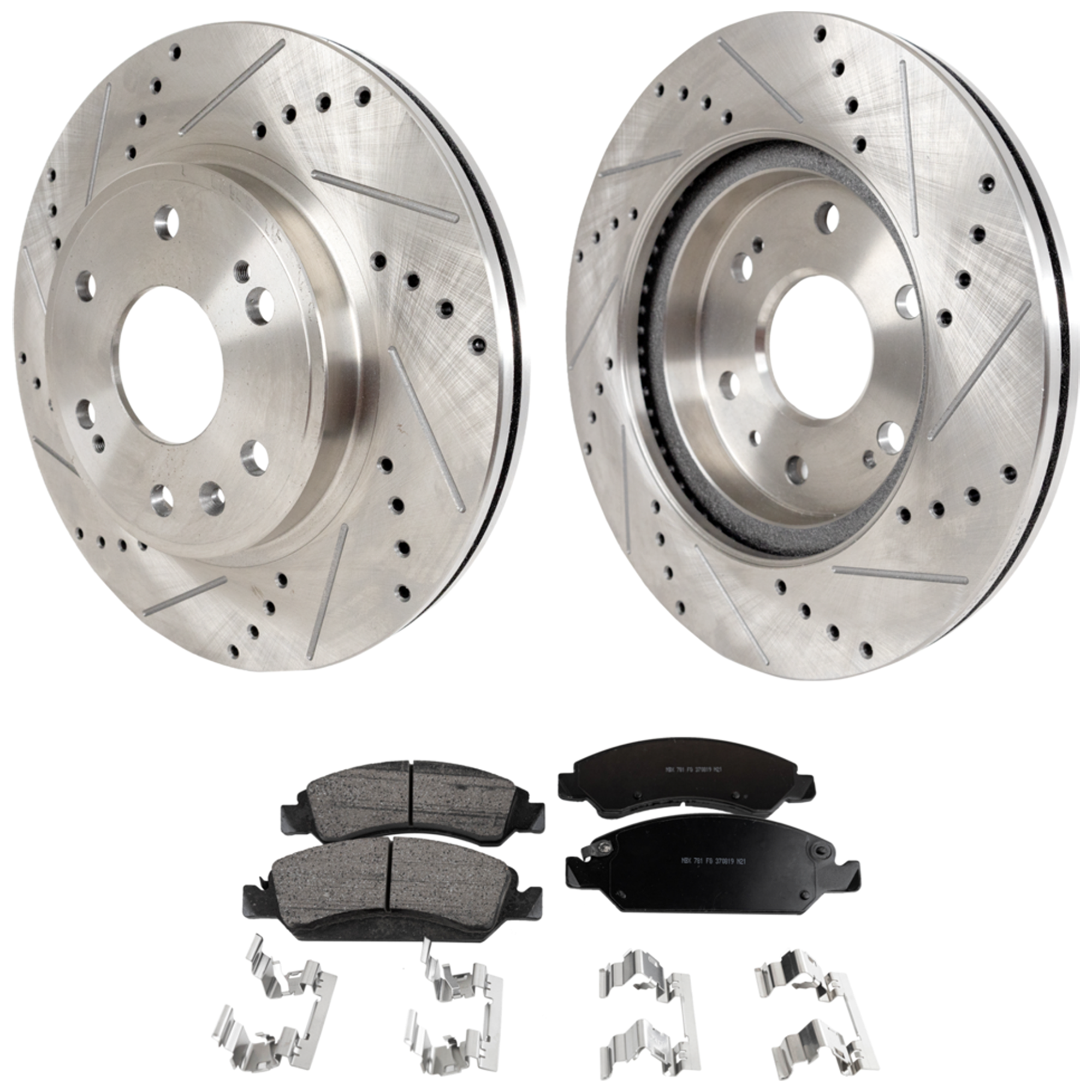 AM SIERRA 1500-05-05 SILVERADO 1500-05-07 FRONT BRAKE DISC AND PAD KIT 4 pc Kit Cross drilled and Slotted SKU KIT 042523-29 OEM 19914-55054-56825-101419-14525