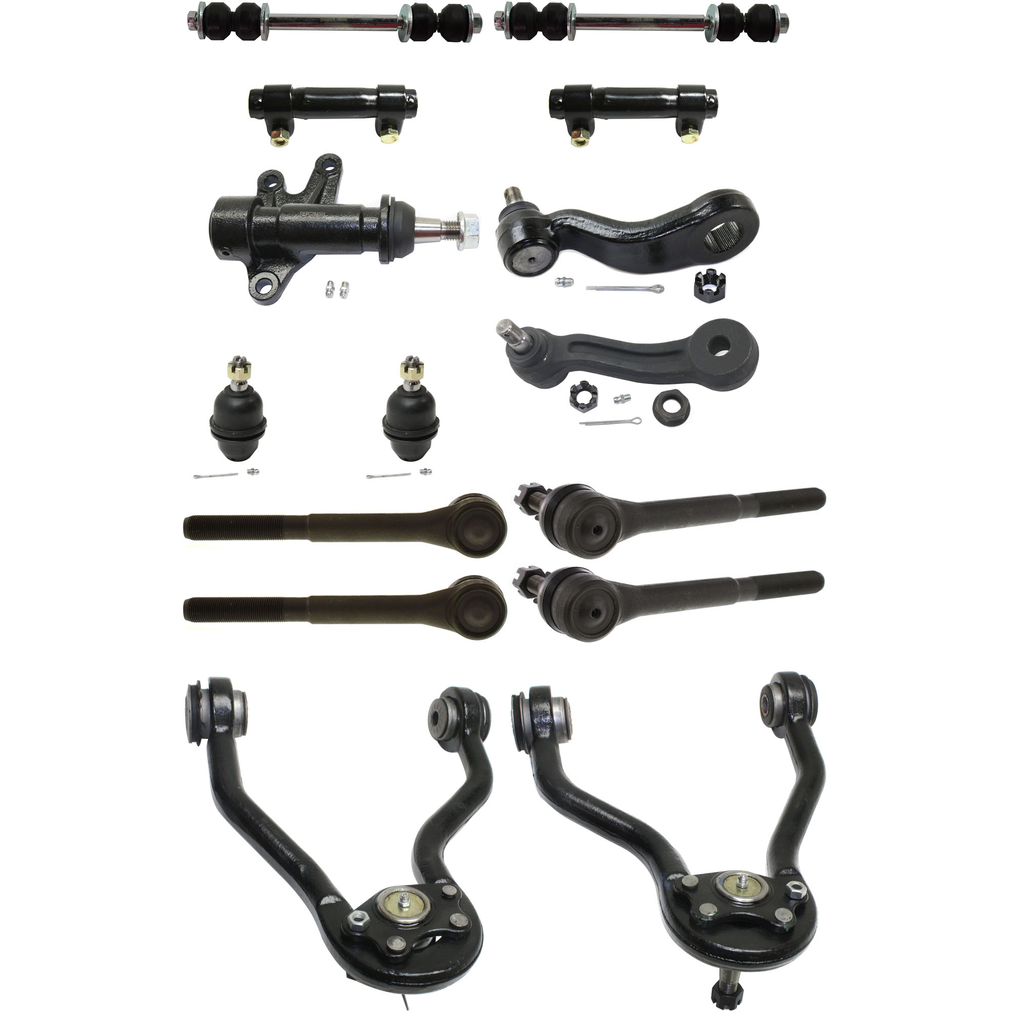 AM TAHOE 00-00 YUKON 96-00 FRONT CONTROL ARM KIT RH AND LH Upper 15 pc kit with Ball Joints Idler Arm Idler Arm Bracket Pitman Arm Sway Bar Links Tie Rod Adjusting Sleeves and Tie Rod Ends SKU KIT 042621-04-93 OEM 104238-286022-2601475-50512