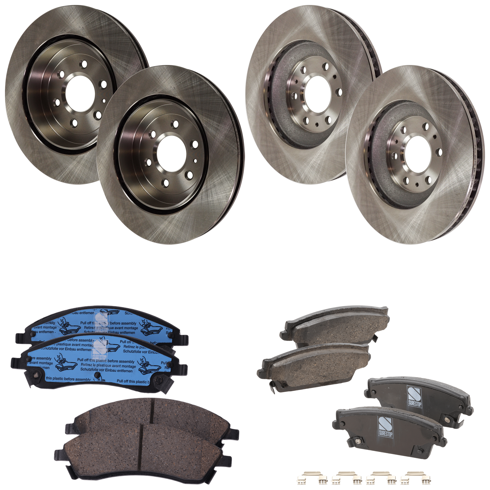 AM SRX 04-09 FRONT AND REAR BRAKE DISC AND PAD KIT 8 pc kit Plain Surface SKU KIT 042621-05-20 OEM 15235141-18048934-19303818-180
