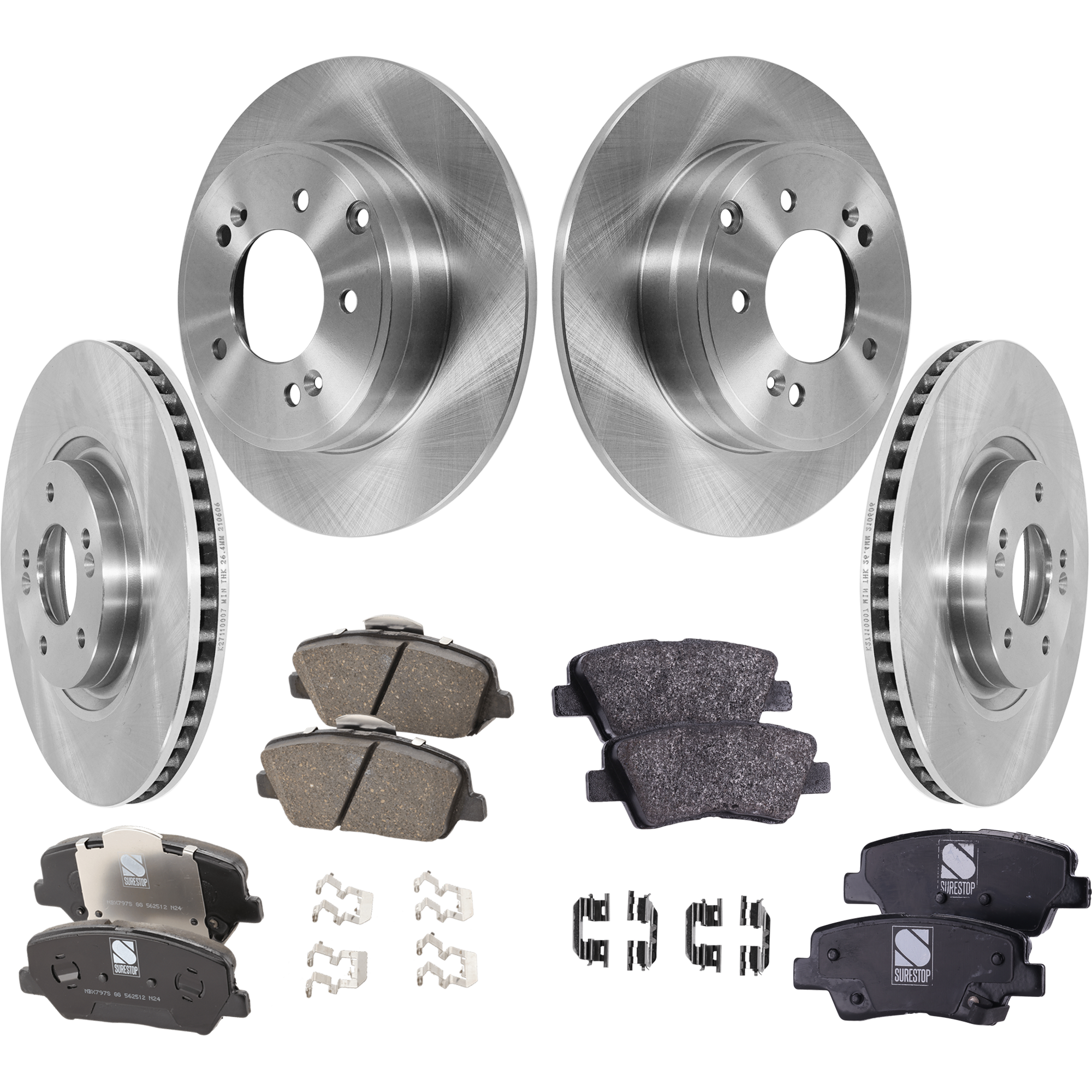 AM OPTIMA 14-15 FRONT AND REAR BRAKE DISC AND PAD KIT 8 pc kit Plain Surface SKU KIT 042621-05-51 OEM 584110A100-31590-44728-850264