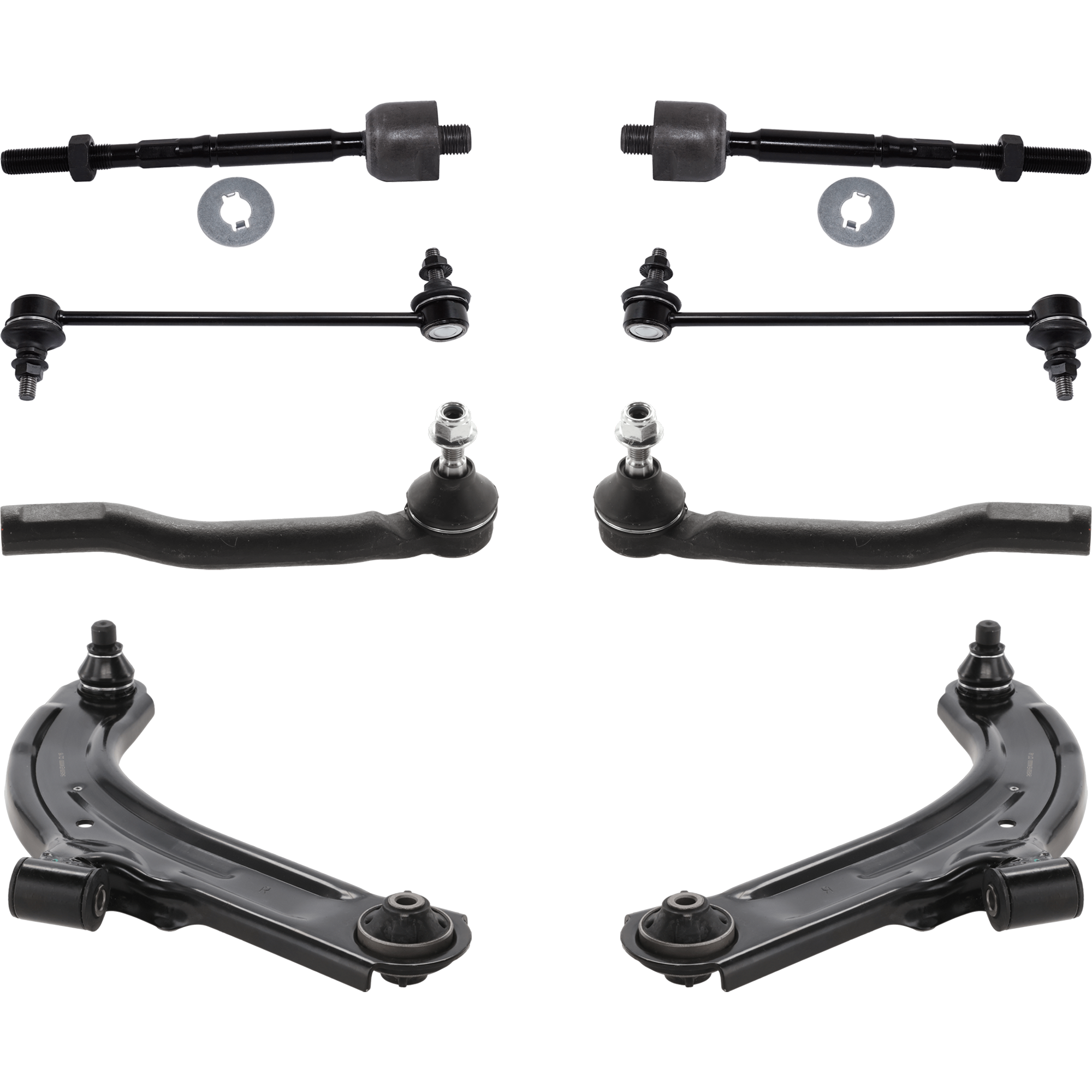 AM VERSA 07-12 CUBE 09-14 FRONT CONTROL ARM KIT RH AND LH Lower 8 pc kit with Sway Bar Links and Tie Rod Ends SKU KIT 042621-05-78 Partslink NI4520103 NI4521103 OEM 545011FU0A 545011FU0B 54501EW0