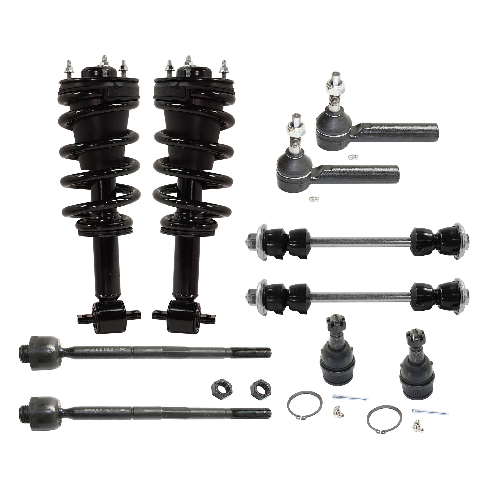 AM SILVERADO SIERRA 1500 FRONT SUSPENSION KIT RH AND LH 10 pc kit with Ball Joints Loaded Struts Sway Bar Links and Tie Rod Ends SKU KIT 042621-05-85 OEM 104327-2601528-5051272-1247281