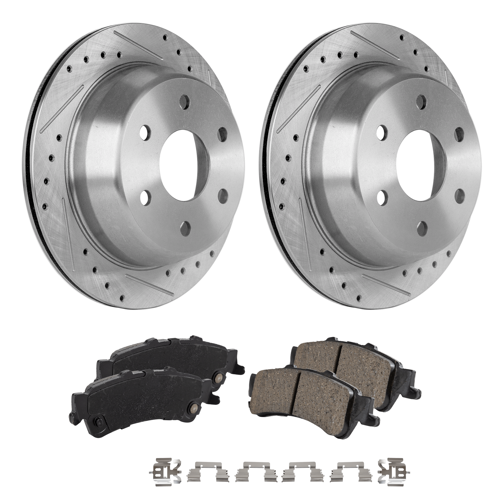 AM SILVERADO 1500 SIERRA 1500-99-06 REAR BRAKE DISC AND PAD KIT 4 pc kit Cross drilled and Slotted SKU KIT 042621-05-88 OEM 90048037-56827FZN 18026447-180