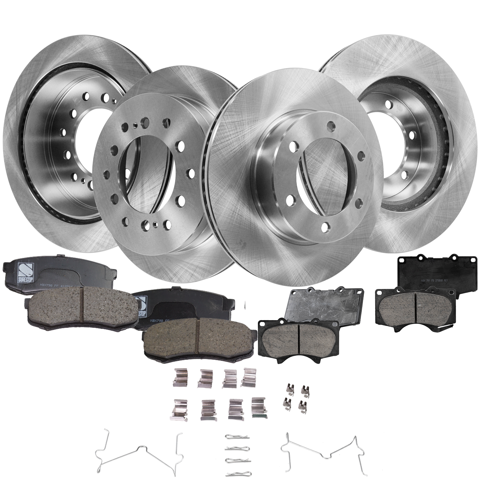 AM SEQUOIA 03-07 FRONT AND REAR BRAKE DISC AND PAD KIT 8 pc kit Plain Surface SKU KIT 042621-05-95 OEM 4243160295-4243160200-42431602