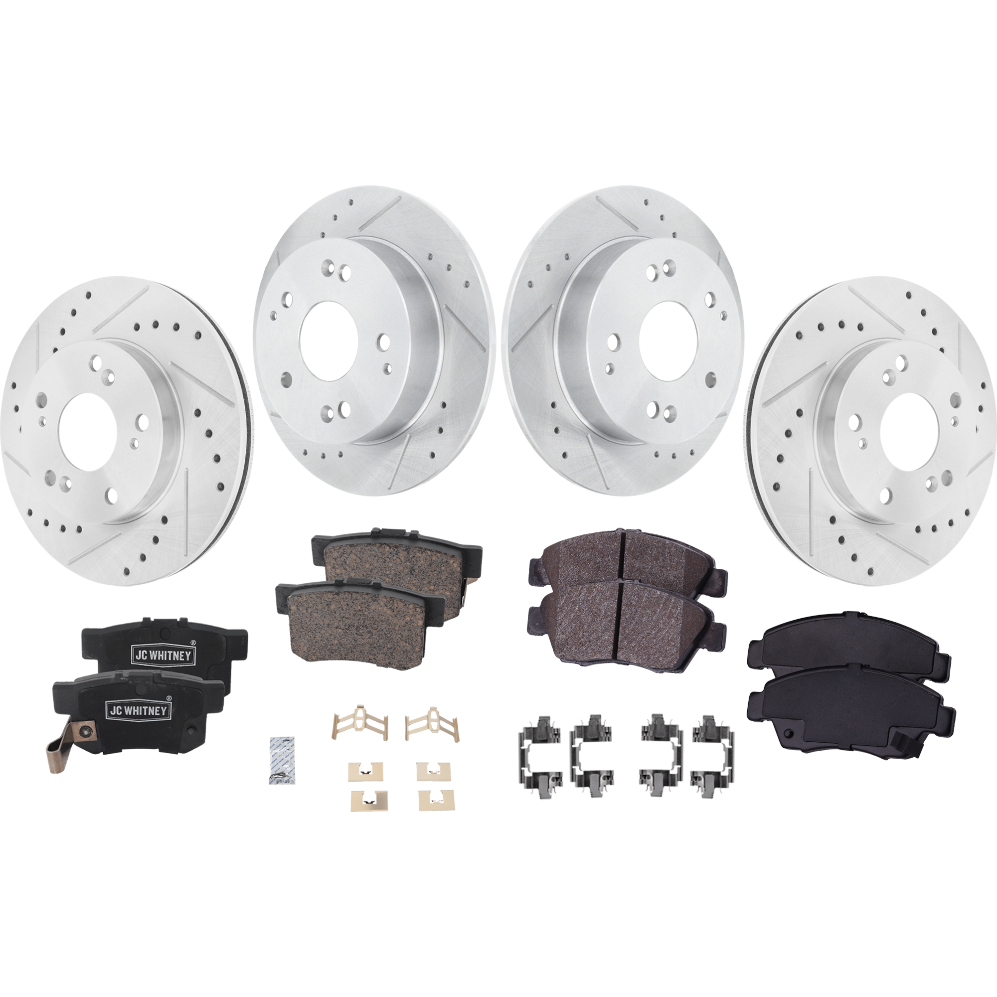 AM CIVIC 04-04 FRONT AND REAR BRAKE DISC AND PAD KIT 4 Wheel Set Cross drilled and Slotted Si Model SKU KIT 042723-02 OEM 19-946-312-453-125-200-000-000-000