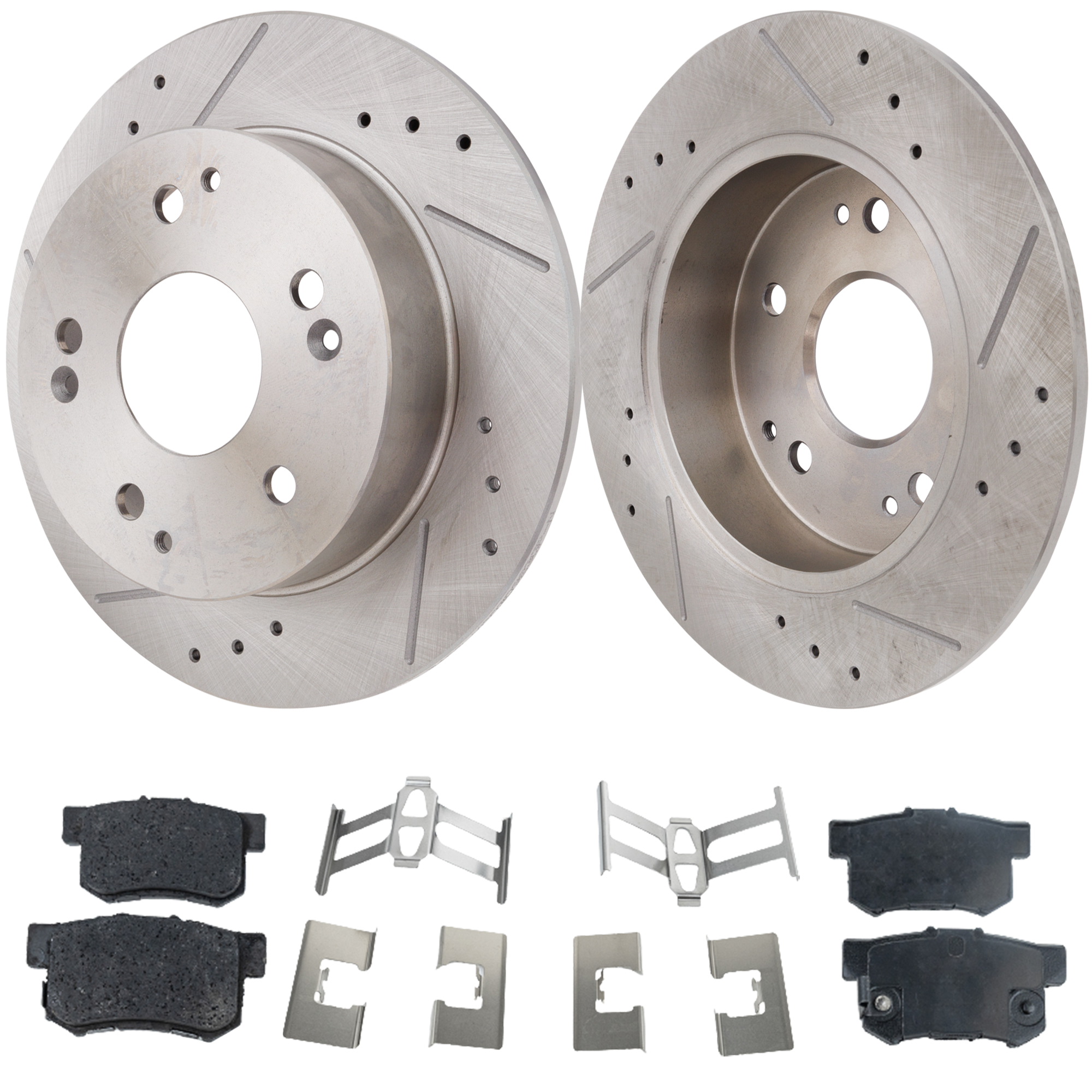 AM CIVIC 04-04 REAR BRAKE DISC AND PAD KIT 2 Wheel Set Cross drilled and Slotted SKU KIT 042723-14 OEM 19-946-312-453-125-200-000-000-000