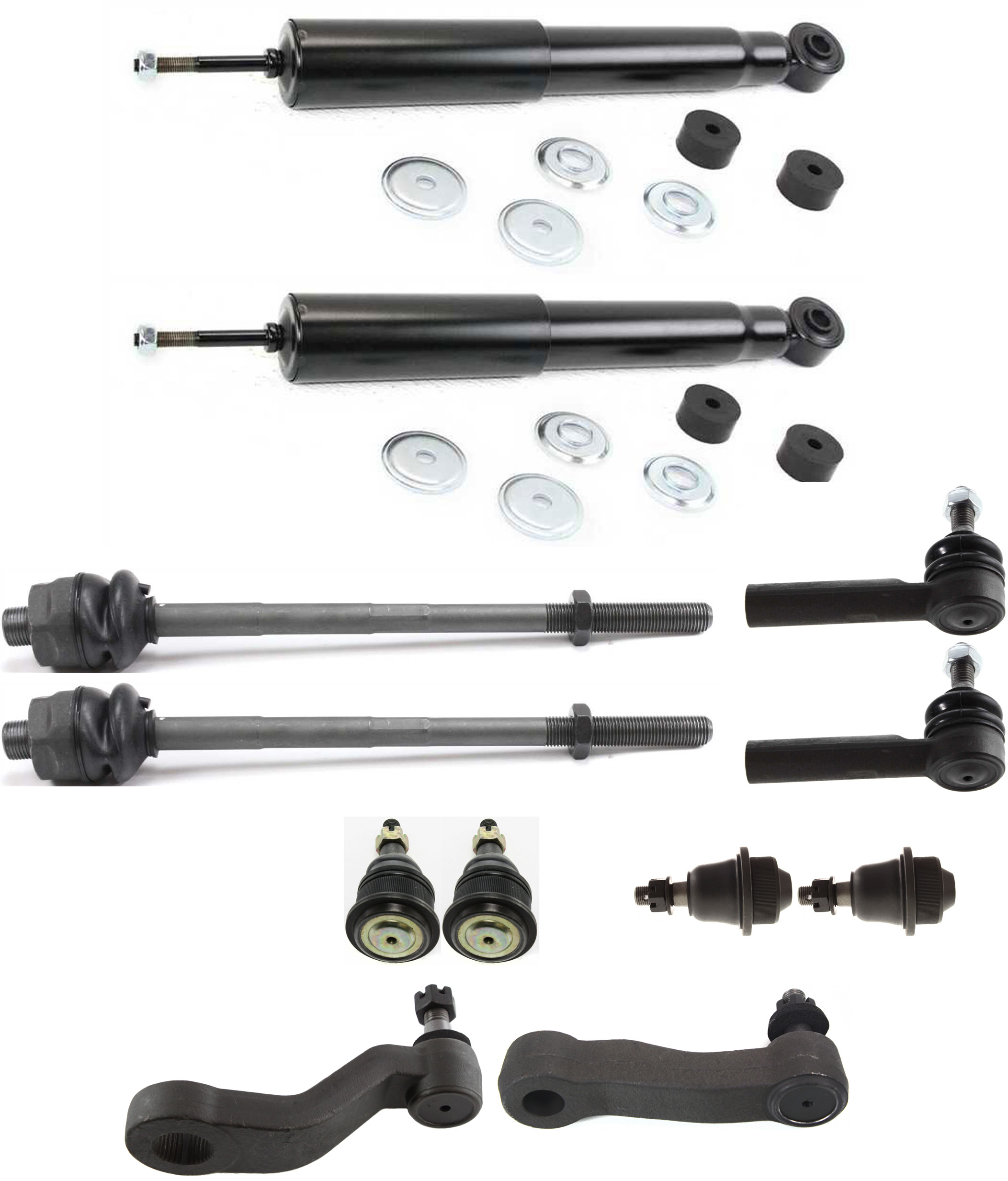 AM SIERRA SILVERADO 01-10 FRONT SUSPENSION KIT 12 pc Kit with Ball Joints Idler Arm Pitman Arm Shock Absorbers and Tie Rod Ends SKU KIT 042815-12 OEM 104328-2601526-5001104-1504