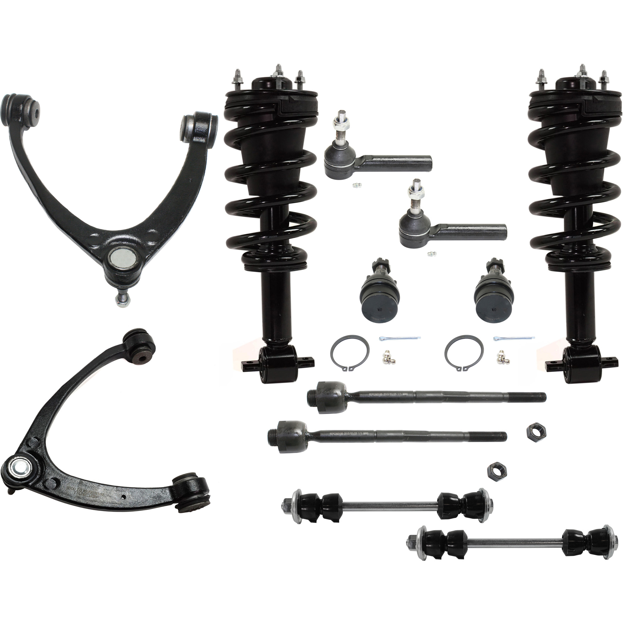 AM SILVERADO SIERRA 1500 FRONT SUSPENSION KIT RH AND LH 12 pc kit with Ball Joints Control Arms Loaded Struts Sway Bar Links and Tie Rod Ends SKU KIT 042822-02 OEM 104327-2601528-5051272-1247281