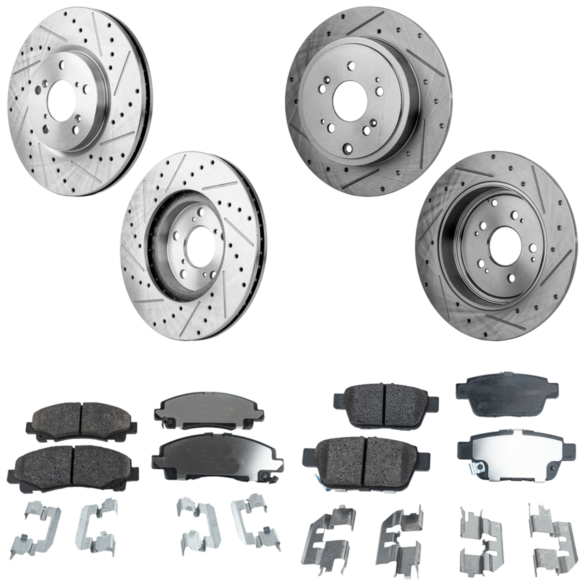 AM RIDGELINE 06-11 FRONT AND REAR BRAKE DISC AND PAD KIT 8 pc kit SKU KIT 042823-16 OEM 31398-44318-60418-900394-60059