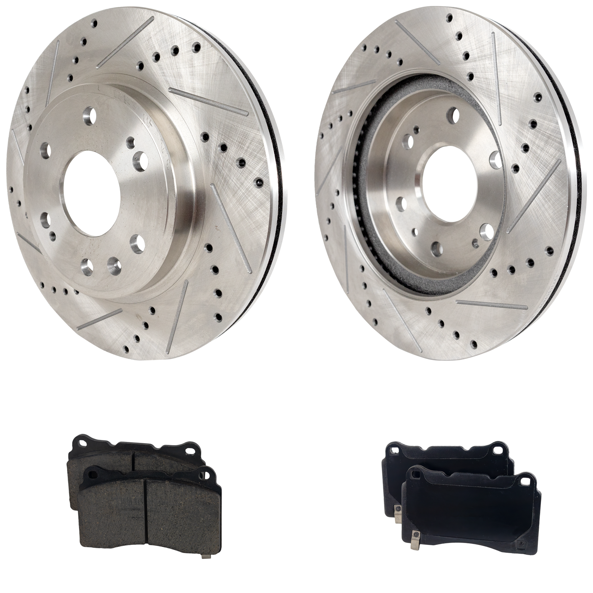 AM XTS 13-19 FRONT BRAKE DISC AND PAD KIT 4 pc Kit Cross drilled and Slotted SKU KIT 042823-26 OEM 41252-55097-55170-72043-145582