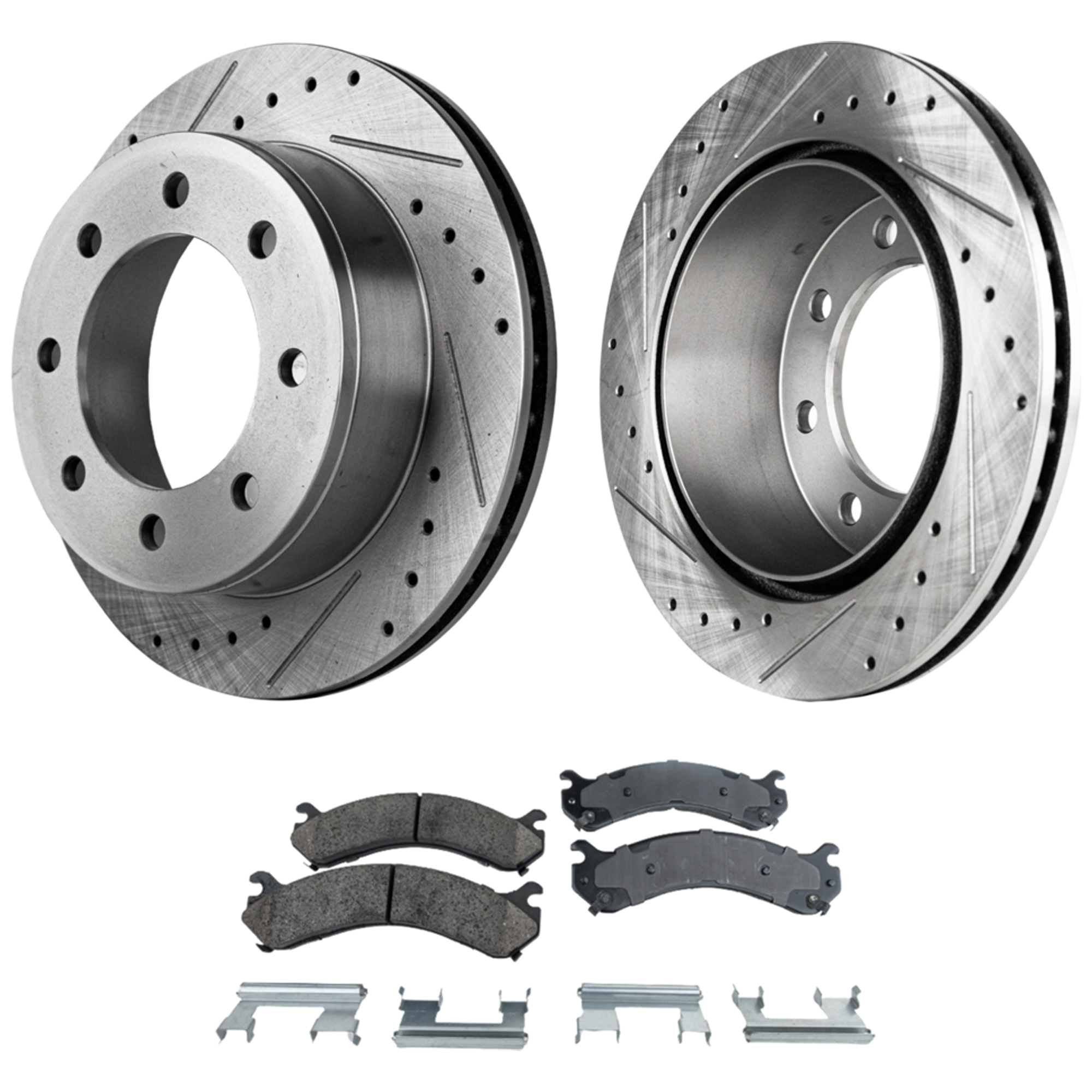 AM SILVERADO SIERRA 04-10 REAR BRAKE DISC AND PAD KIT 2 Wheel Set Cross drilled and Slotted Silverado Sierra 3500-12000 Lb GVW SKU KIT 042823-40 OEM 19952-55055-56828-86828-101008
