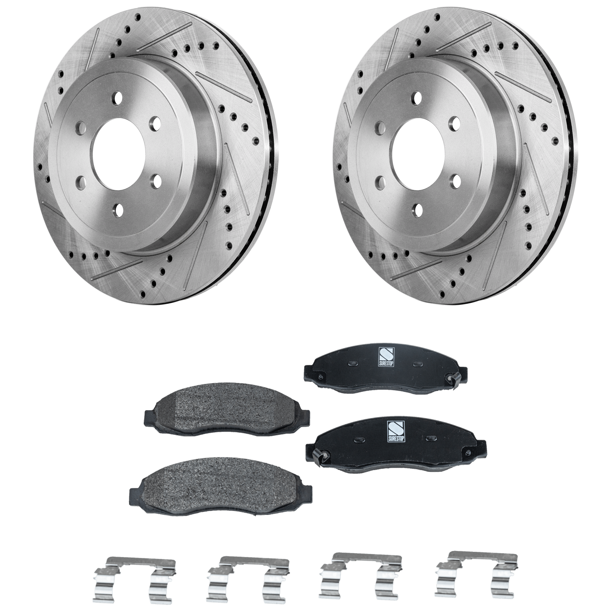 AM DAKOTA 03-04 FRONT BRAKE DISC AND PAD KIT 4 pc kit Cross drilled and Slotted SKU KIT 042823-42 OEM 53014-145454-48880145-60040098