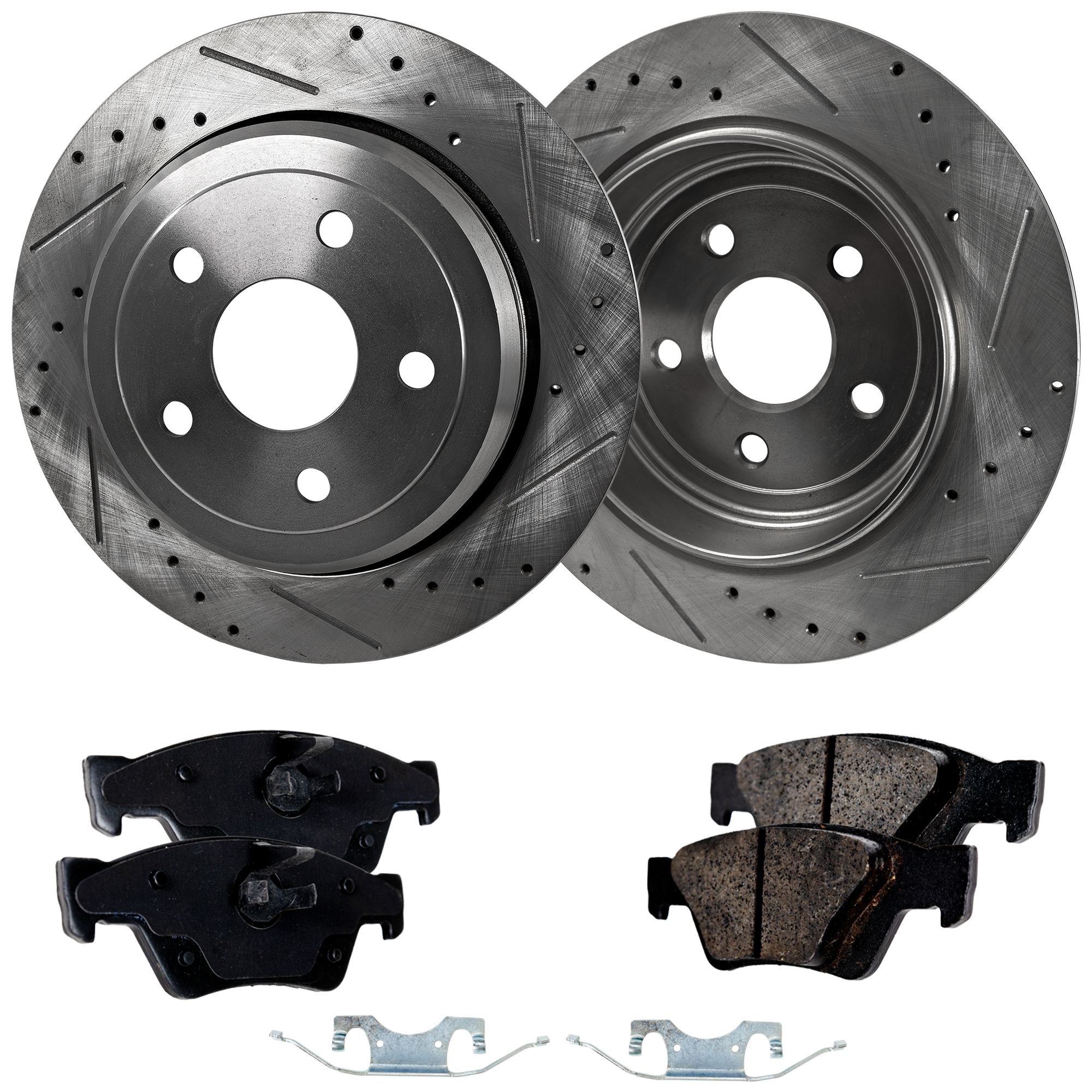 AM DURANGO 11-22 REAR BRAKE DISC AND PAD KIT 2 Wheel Set Cross drilled and Slotted SKU KIT 042823-43 OEM 43176-53063-850239-60042006-53