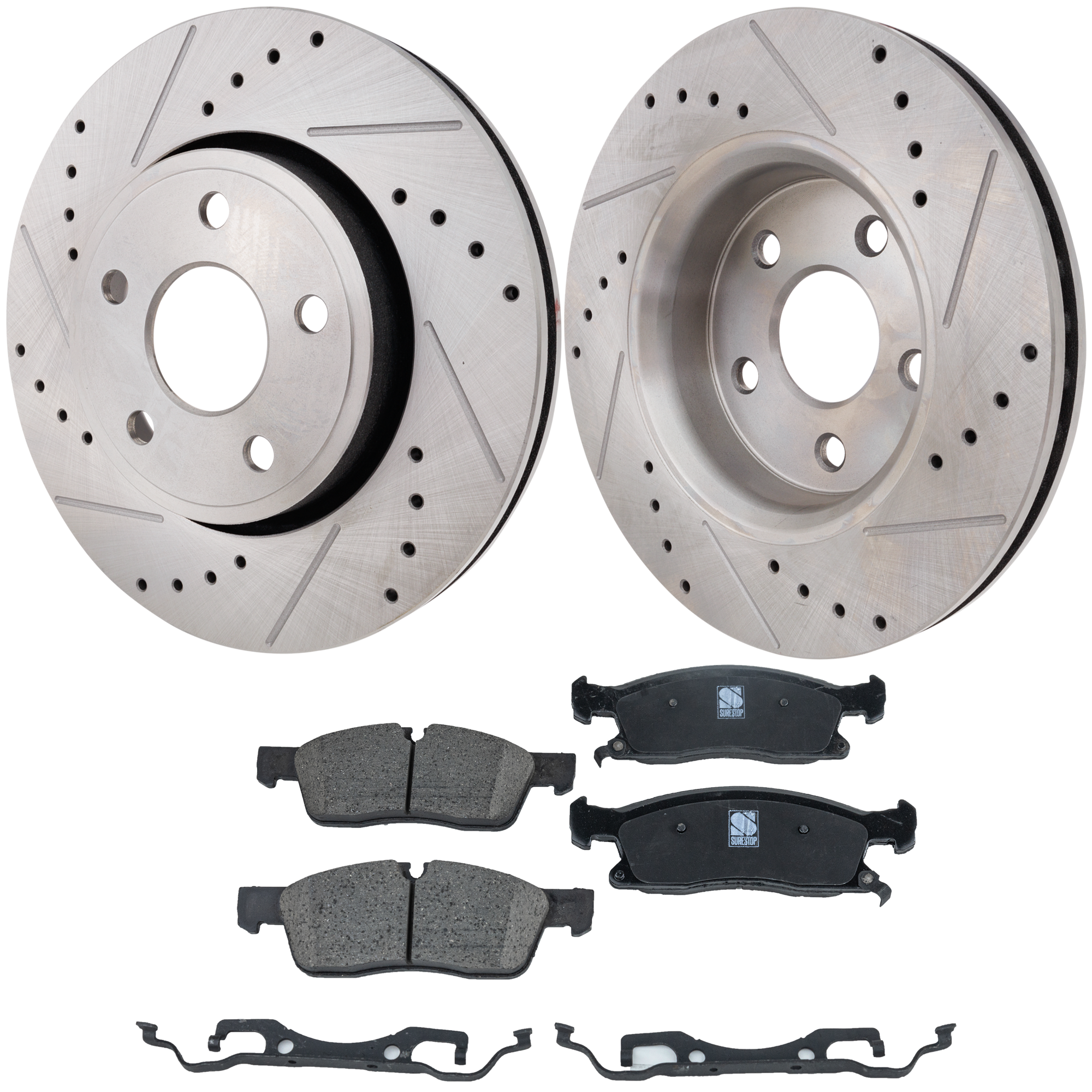 AM DURANGO GRAND CHEROKEE 11-16 FRONT BRAKE DISC AND PAD KIT 4 pc Kit Cross drilled and Slotted SKU KIT 042823-44 OEM 43177-53062-72162-591375-78086