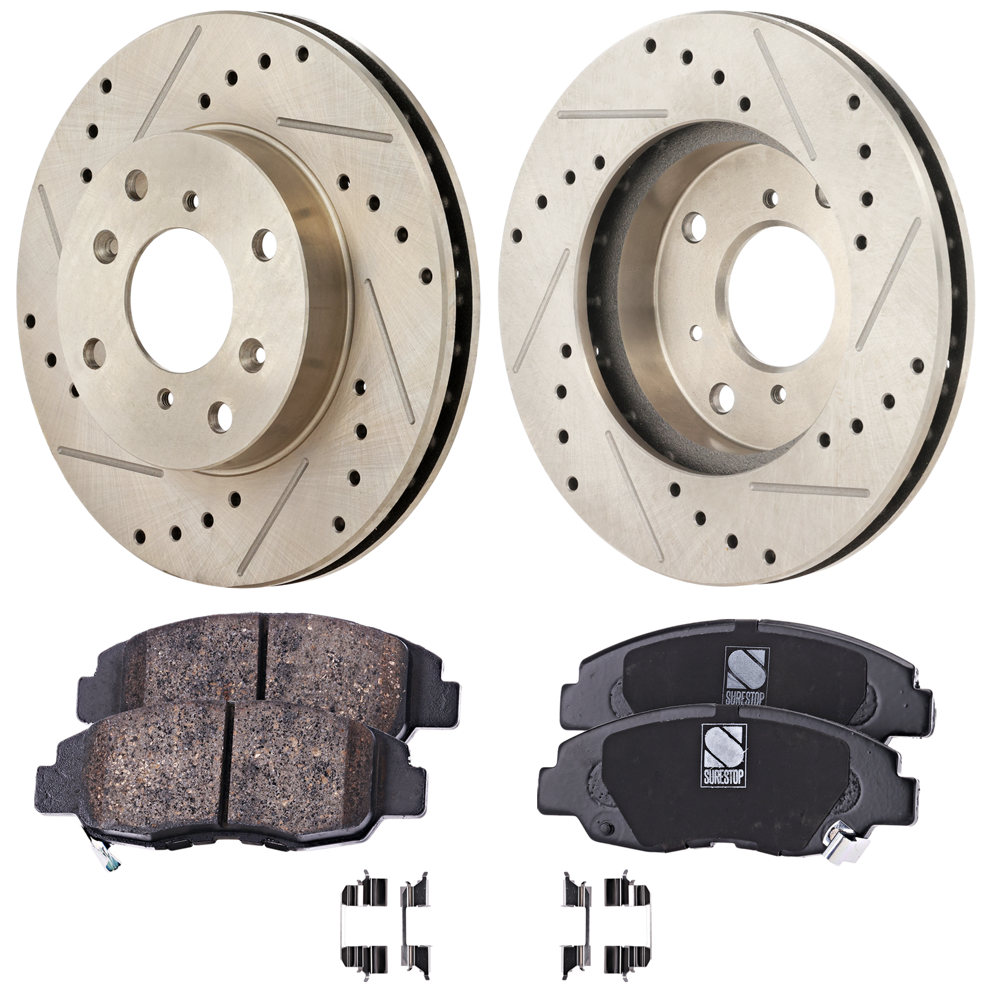 AM ACCORD 98-02 FRONT BRAKE DISC AND PAD KIT 4 pc Kit Cross drilled and Slotted SKU KIT 042823-46 OEM 31243-63630-96709-108130-14522