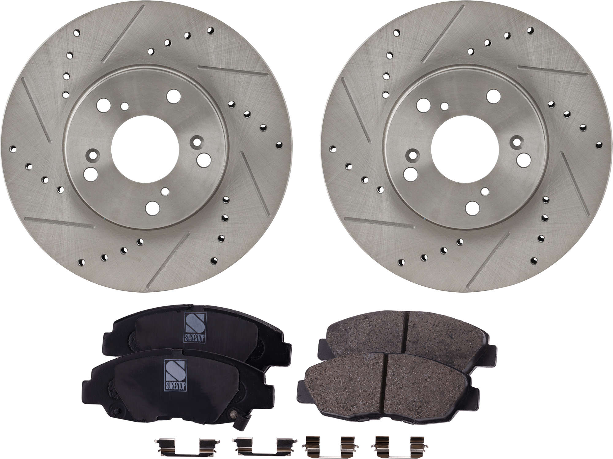 AM ACCORD 99-99 FRONT BRAKE DISC AND PAD KIT 4 pc Kit Cross drilled and Slotted SKU KIT 042823-53 OEM 19896-31257-31305-44774-96711