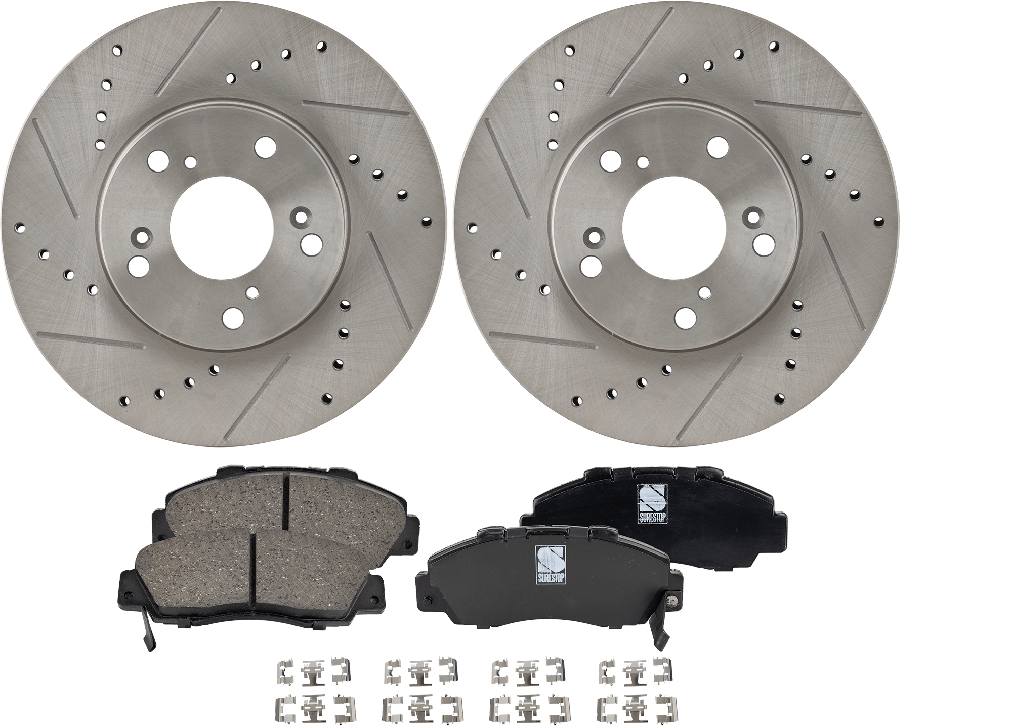 AM ACCORD 98-02 FRONT BRAKE DISC AND PAD KIT 2 Wheel Set Cross drilled and Slotted SKU KIT 042823-54 OEM 19896-31257-31305-44774-96
