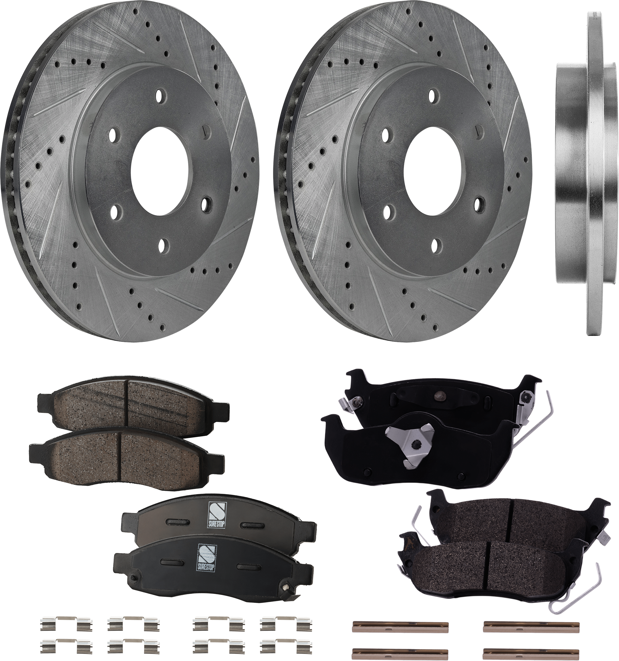 AM QX56-04-05 TITAN 04-04 FRONT AND REAR BRAKE DISC AND PAD SET 7 pc Kit Cross drilled and Slotted 6 Lugs Cast Iron Ceramic Front Semi Metallic Rear SKU KIT 042823-64 OEM 31328-145507-0833016-12142084