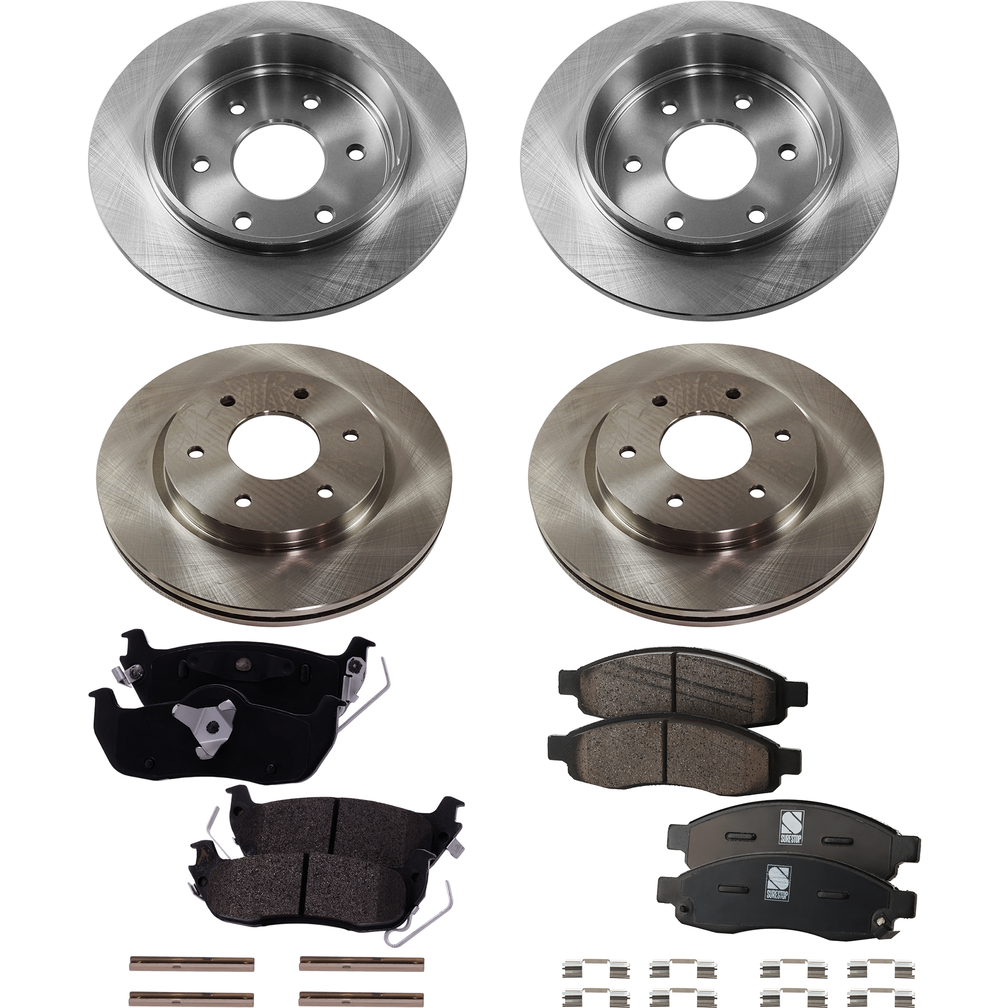 AM ARMADA QX56-05-05 FRONT AND REAR BRAKE DISC AND PAD SET 4 Wheel Set Plain Surface 6 Lugs Cast Iron Ceramic Front Semi Metallic Rear SKU KIT 042823-73 OEM 40206ZC00A 40206AC00A 40206ZC0