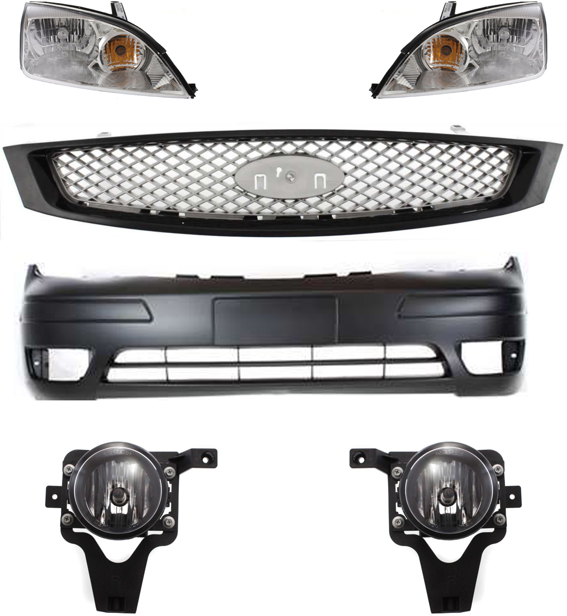 AM FOCUS 05-07 HEAD LAMP RH AND LH Assembly Halogen 6 pc Kit with Bumper Cover Fog Lights and Grille Assembly SKU KIT 043015-09 Partslink FO2503210 FO2502210 FO1000572 FO2592218 FO2593218 FO1200432 OEM 4F4Z13008AD 4F4Z13008AC 6S4Z17