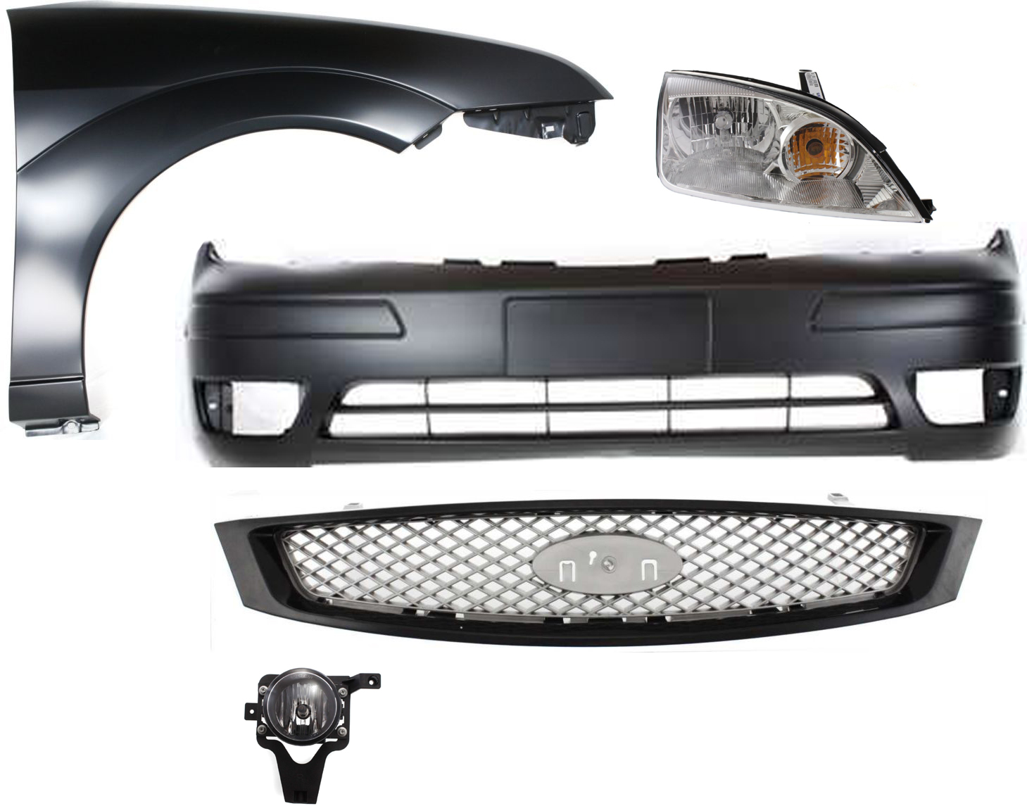 AM FOCUS 05-07 HEAD LAMP RH Assembly Halogen 5 pc Kit with Bumper Cover Fender Fog Light and Grille Assembly SKU KIT 043015-11 Partslink FO2503210 FO1000572 FO1241240 FO2593218 FO1200432 OEM 4F4Z13008AD 6S4Z17D957DA 5S4Z1