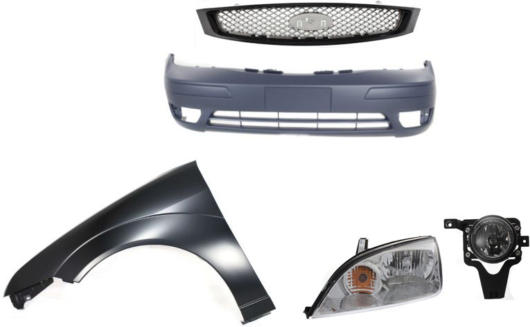 AM FOCUS 05-07 HEAD LAMP LH Assembly Halogen 5 pc Kit with Bumper Cover Fender Fog Light and Grille Assembly SKU KIT 043015-12 Partslink FO2502210 FO1000572 FO1240240 FO2592218 FO1200432 OEM 4F4Z13008AC 6S4Z17D957DA 5S4Z1