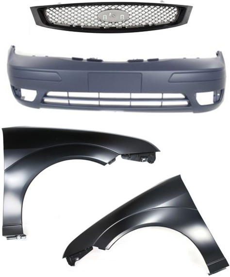 AM FOCUS 05-07 FRONT BUMPER COVER 4 pc kit with Fenders and Grille Assembly w o Appearance Package SKU KIT 043015-13 Partslink FO1000572 FO1240240 FO1241240 FO1200432 OEM 6S4Z17D957DA 5S4Z16006AA 5S4Z1