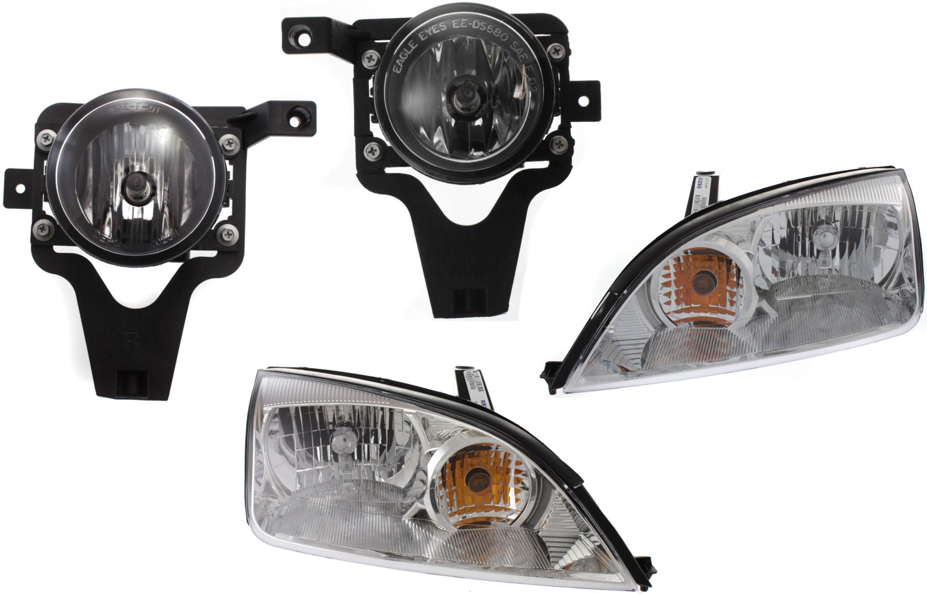 AM FOCUS 05-07 HEAD LAMP RH AND LH Assembly Halogen 4 pc Kit with Fog Lights SKU KIT 043015-14 Partslink FO2503210 FO2502210 FO2592218 FO2593218 OEM 4F4Z13008AD 4F4Z13008AC 4S4Z15