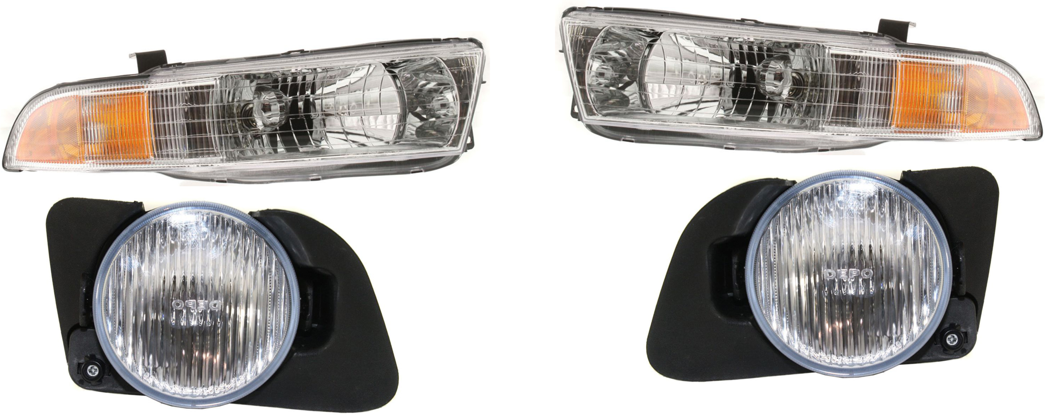AM GALANT 99-01 HEAD LAMP RH AND LH Assembly Halogen 4 pc Kit with Fog Lights SKU KIT 043015-40 Partslink MI2503111 MI2502111 MI2592106 MI2593106 OEM MR439550 MR439549 MR439553 MR4