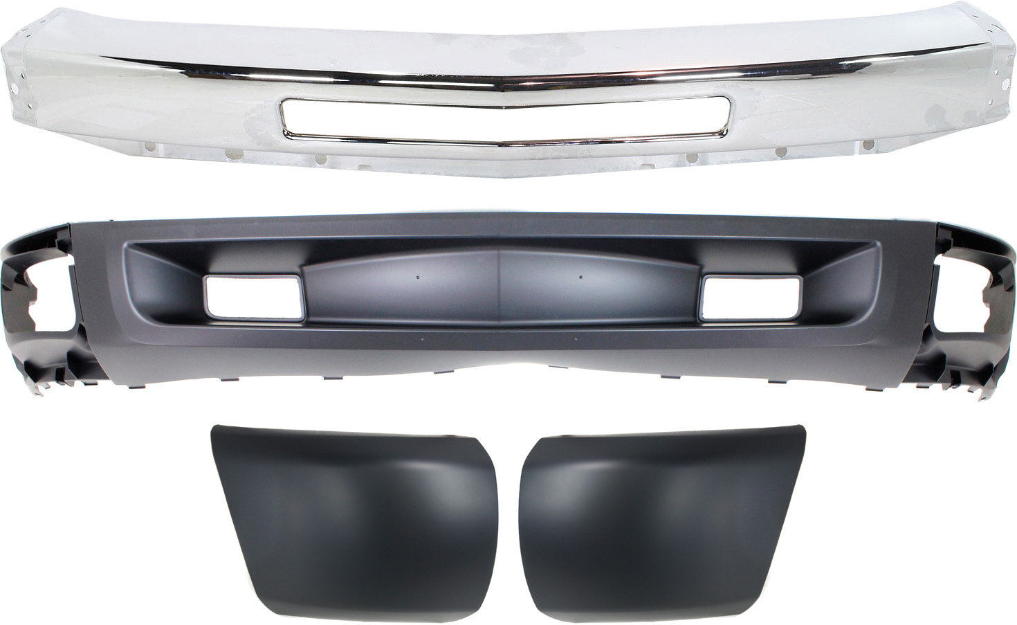 AM SILVERADO 1500-09-13 FRONT BUMPER Chrome 4 pc Kit with Bumper Ends and Valance SKU KIT 050117-29 Partslink GM1002831 GM1016103 GM1017103 GM1092246 OEM 15941850-15891690-15891691-207