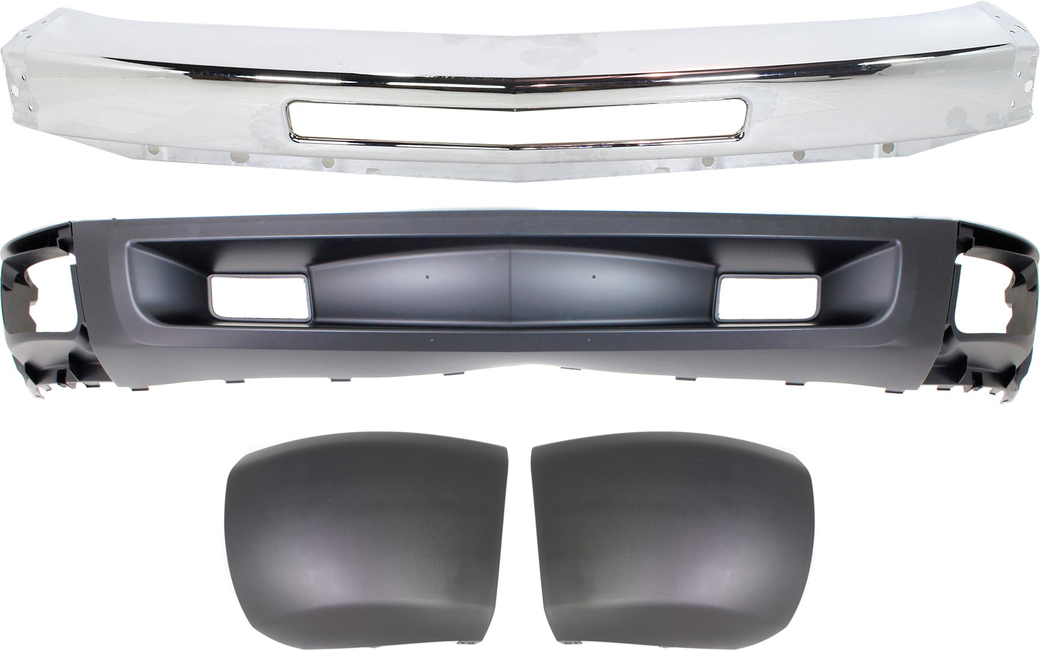 AM SILVERADO 1500-09-13 FRONT BUMPER Chrome 4 pc Kit with Bumper Ends and Valance SKU KIT 050117-37 Partslink GM1002831 GM1004146 GM1005146 GM1092246 OEM 15941850-15838397-15838398-207