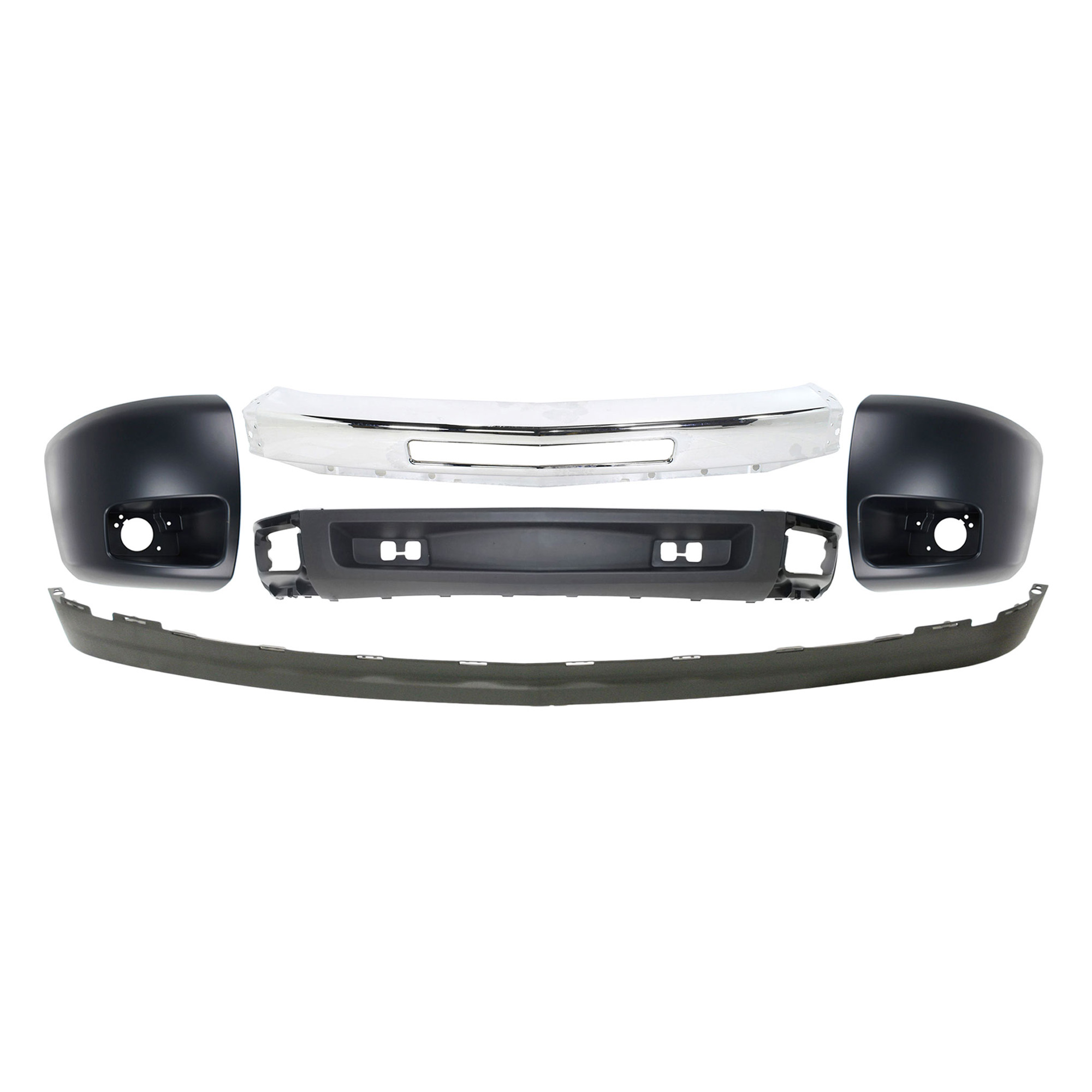 AM SILVERADO 1500-09-13 FRONT BUMPER 5 pc kit with Bumper Ends and Valances SKU KIT 050117-49 Partslink GM1002831 GM1004147 GM1005147 GM1092191 GM1092192 OEM 15941850-15891681-15891682-258