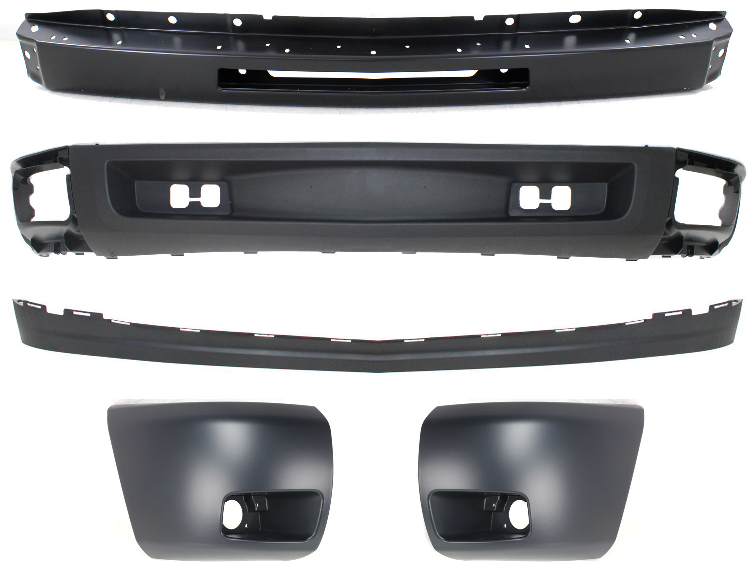 AM SILVERADO 1500-09-13 FRONT BUMPER 5 pc kit with Bumper Ends and Valances SKU KIT 050117-51 Partslink GM1002836 GM1005147 GM1004147 GM1092191 GM1092192 OEM 15941837-15941850-15891682-158