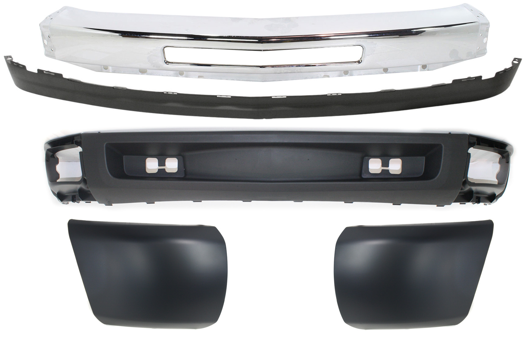 AM SILVERADO 1500-09-13 FRONT BUMPER 5 pc kit with Bumper Ends and Valances SKU KIT 050117-56 Partslink GM1002831 GM1016103 GM1017103 GM1092192 GM1092191 OEM 15941850-15891690-15891691-159