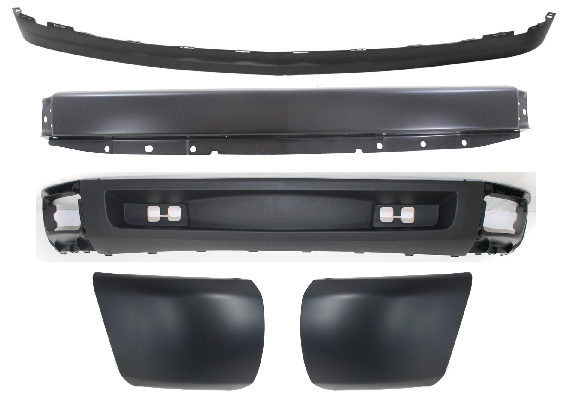 AM SILVERADO 1500-07-08 FRONT BUMPER 5 pc kit with Bumper Ends and Valances SKU KIT 050117-57 Partslink GM1002828 GM1016103 GM1017103 GM1092192 GM1092191 OEM 15836962-15891690-15891691-159