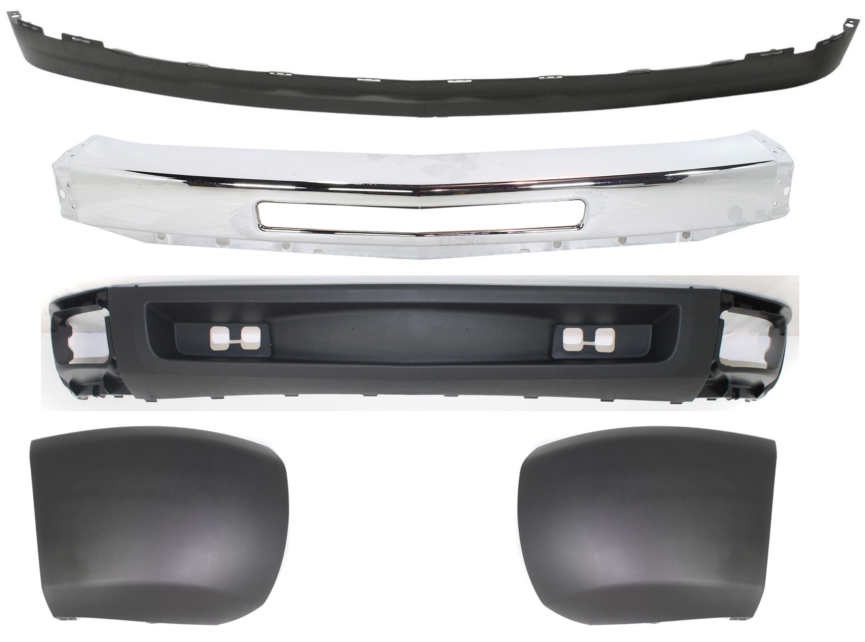 AM SILVERADO 1500-09-13 FRONT BUMPER 5 pc kit with Bumper Ends and Valances SKU KIT 050117-64 Partslink GM1002831 GM1004146 GM1005146 GM1092192 GM1092191 OEM 15941850-15838397-15838398-159