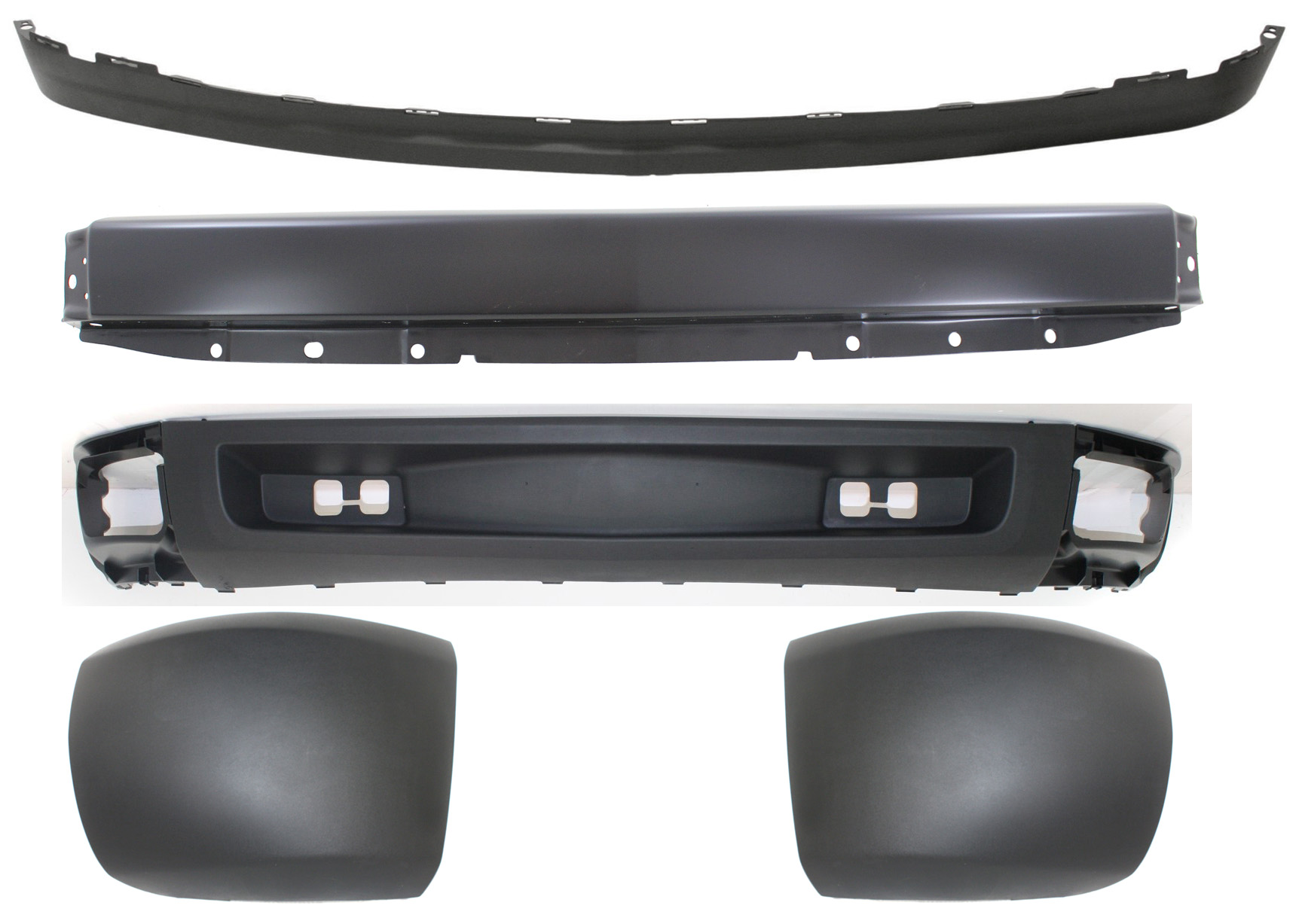 AM SILVERADO 1500-07-08 FRONT BUMPER 5 pc kit with Bumper Ends and Valances SKU KIT 050117-65 Partslink GM1002828 GM1004146 GM1005146 GM1092192 GM1092191 OEM 15836962-15838397-15838398-159