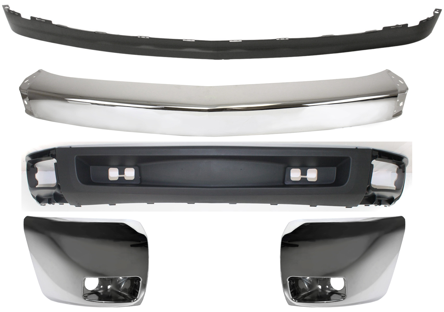 AM SILVERADO 1500-07-08 FRONT BUMPER 5 pc kit with Bumper Ends and Valances SKU KIT 050117-75 Partslink GM1002830 GM1004156 GM1005156 GM1092192 GM1092191 OEM 15836961-20985757-20985758-159