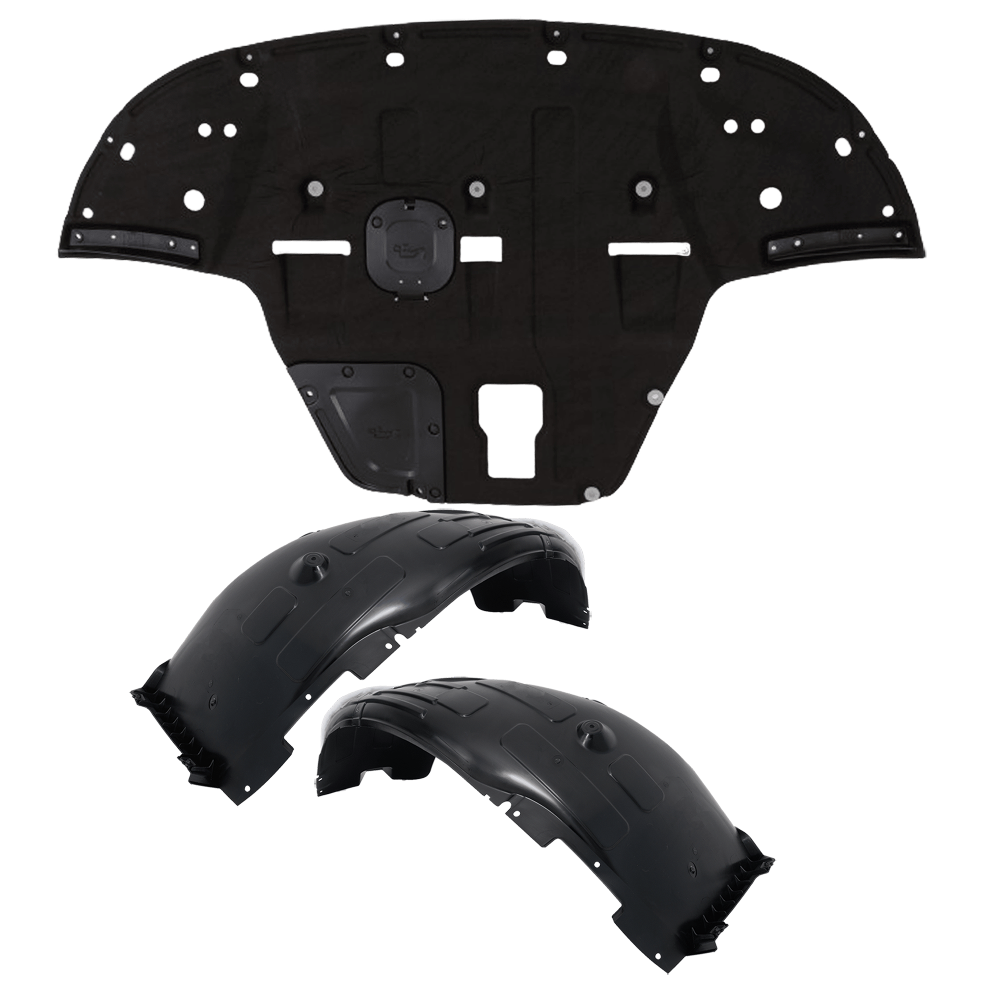 AM K5-21-24 ENGINE SPLASH SHIELD 3 pc Kit Front EX LX LXS Models with Fender Liner CAPA SKU KIT 050126-100 Partslink KI1228183C KI1248166C KI1249166C OEM 29110L3000-86811L3000-86812L30
