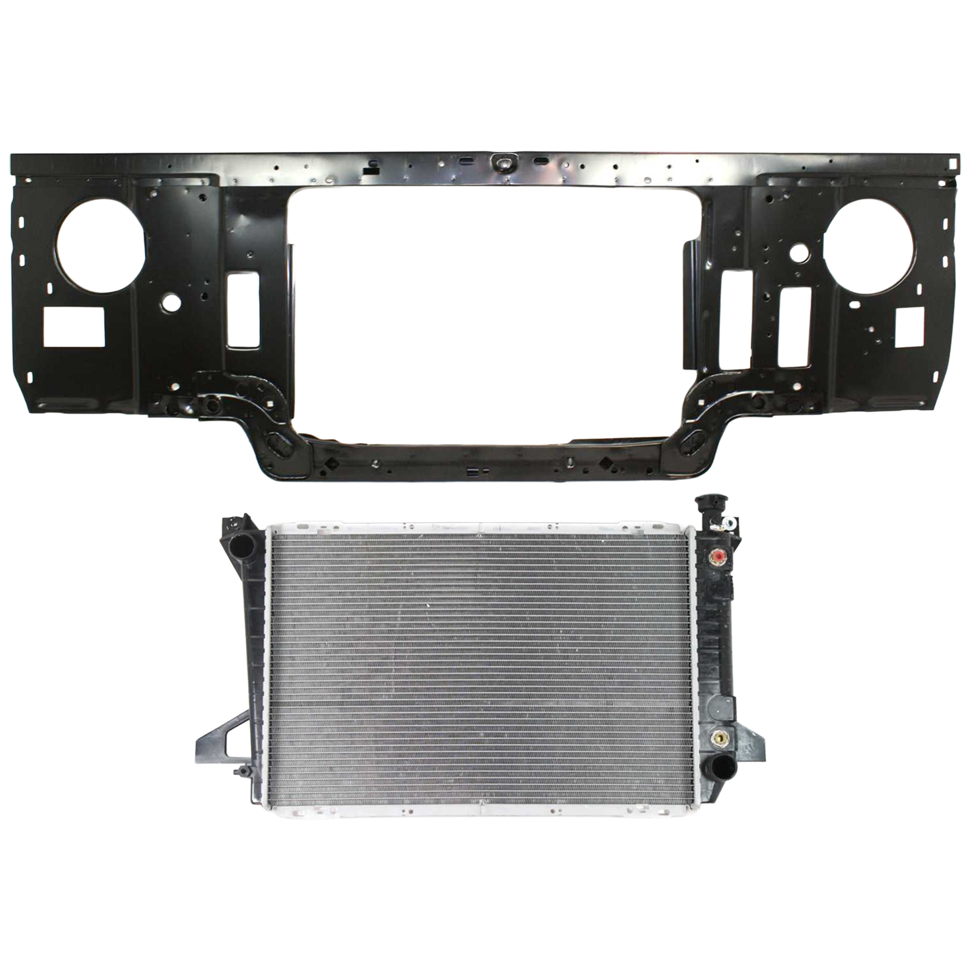 AM F SERIES 87-91 RADIATOR SUPPORT 2 pc Kit Assembly 4.9L Eng. w Standard Duty Cooling with Radiator SKU KIT 050126-28 Partslink FO1225110 FO3010133 OEM F1TZ16138D F2TZ8005BA