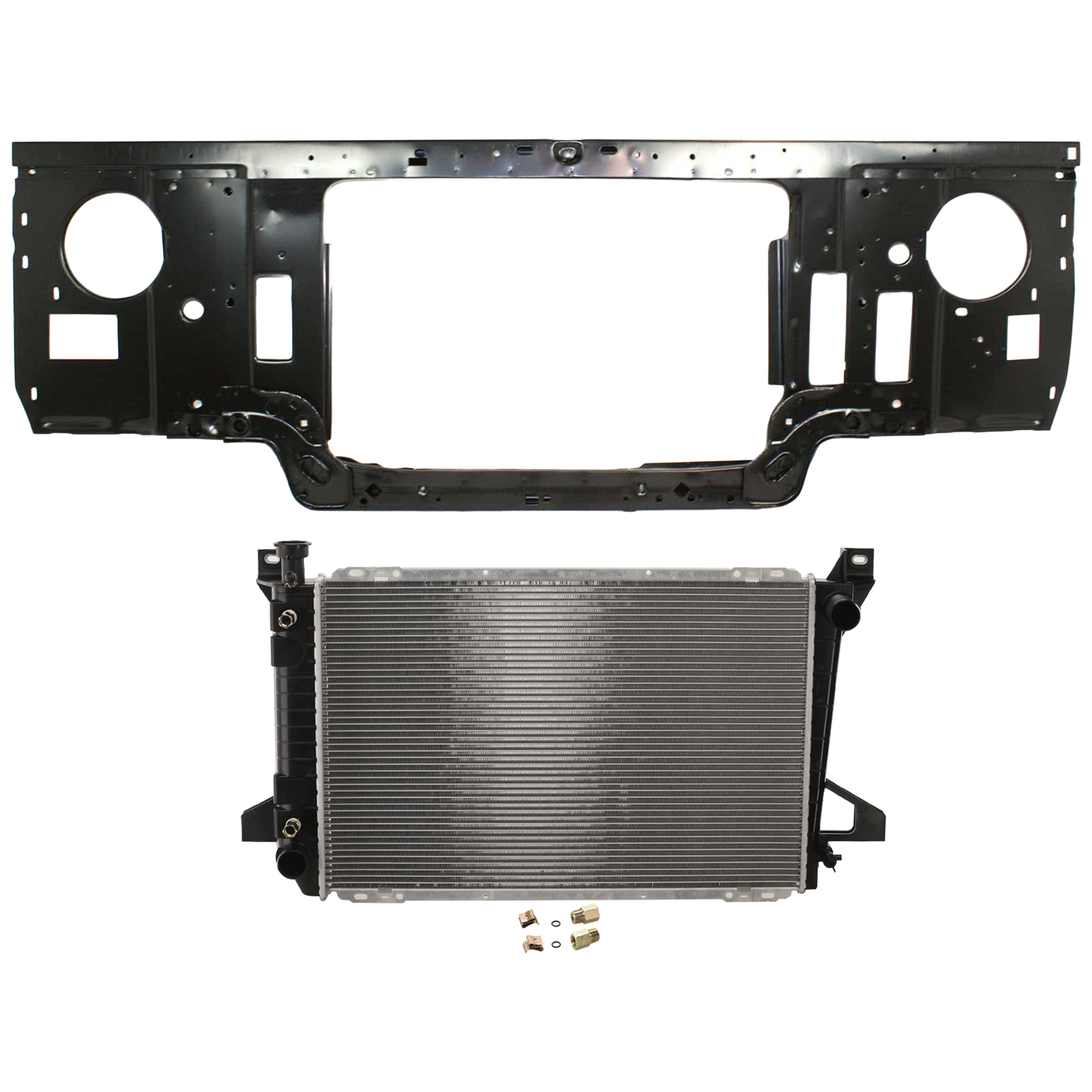 AM F SERIES 87-91 RADIATOR SUPPORT 2 pc Kit Assembly 5.0L 5.8L Eng. w Standard Duty Cooling with Radiator SKU KIT 050126-29 Partslink FO1225110 FO3010135 OEM F1TZ16138D F2TZ8005DA
