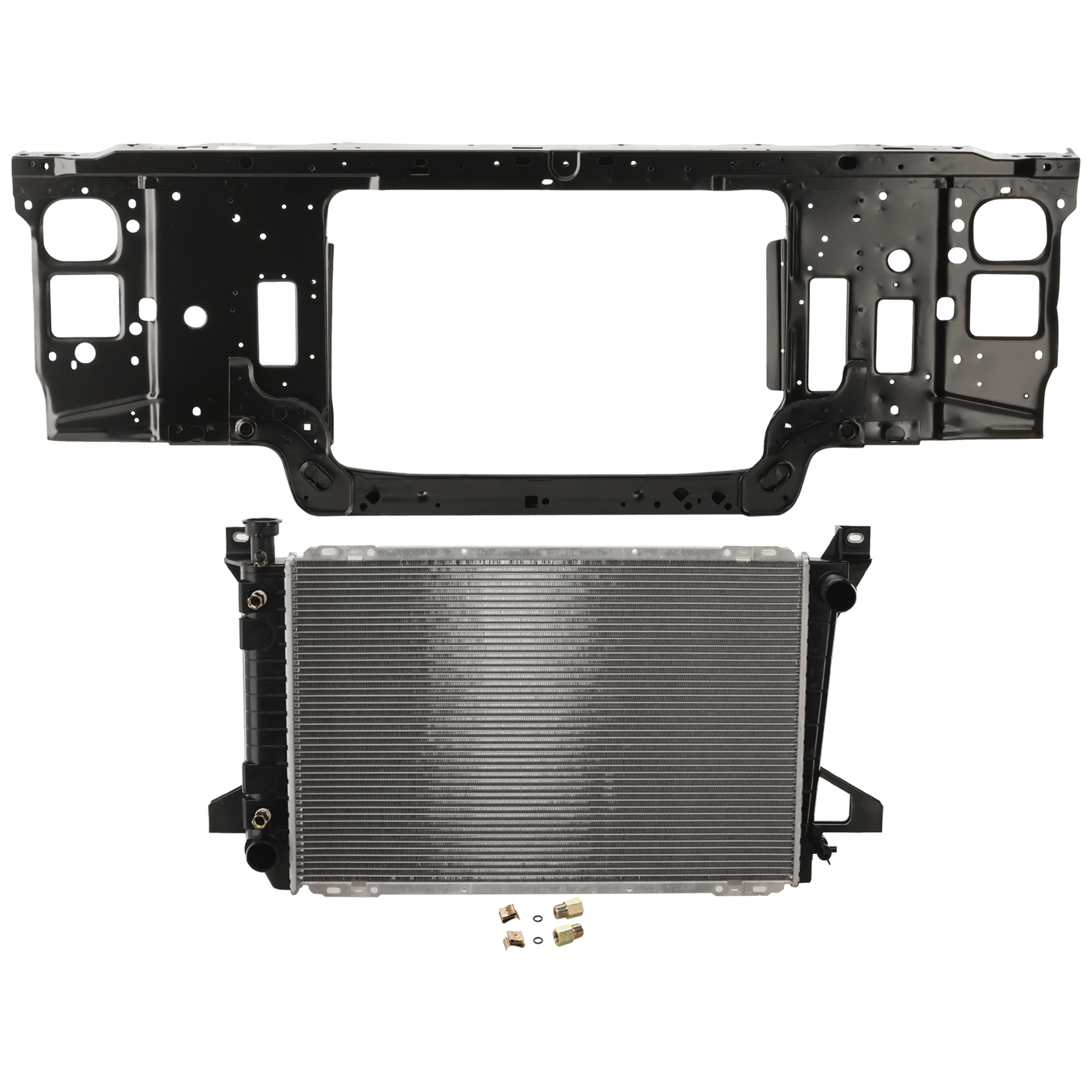 AM F SERIES 92-97 RADIATOR SUPPORT 2 pc Kit Assembly 5.0L 5.8L Eng. w Standard Duty Cooling with Radiator SKU KIT 050126-34 Partslink FO1225122 FO3010135 OEM F4TZ16138B F2TZ8005DA