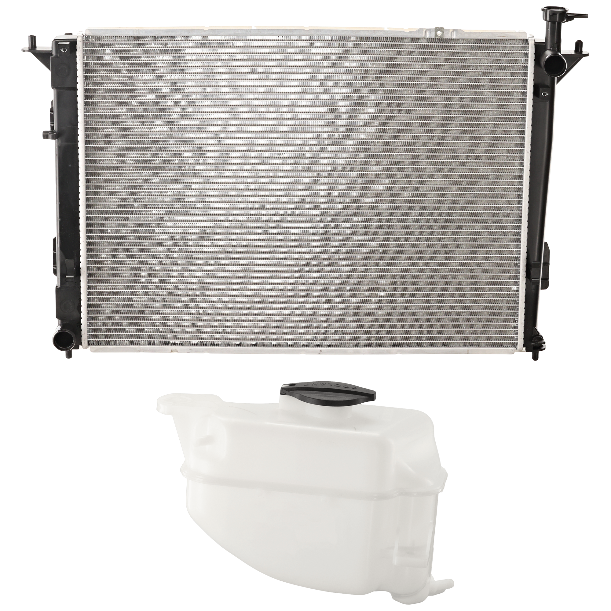 AM SANTA FE SANTA FE SPORT 13-18 RADIATOR 2 pc Kit 4-6 Cyl 2.4L 3.3L Eng. with Coolant Reservoir SKU KIT 050126-50 Partslink HY3010192 HY3014113 OEM 253102B300-254302W000